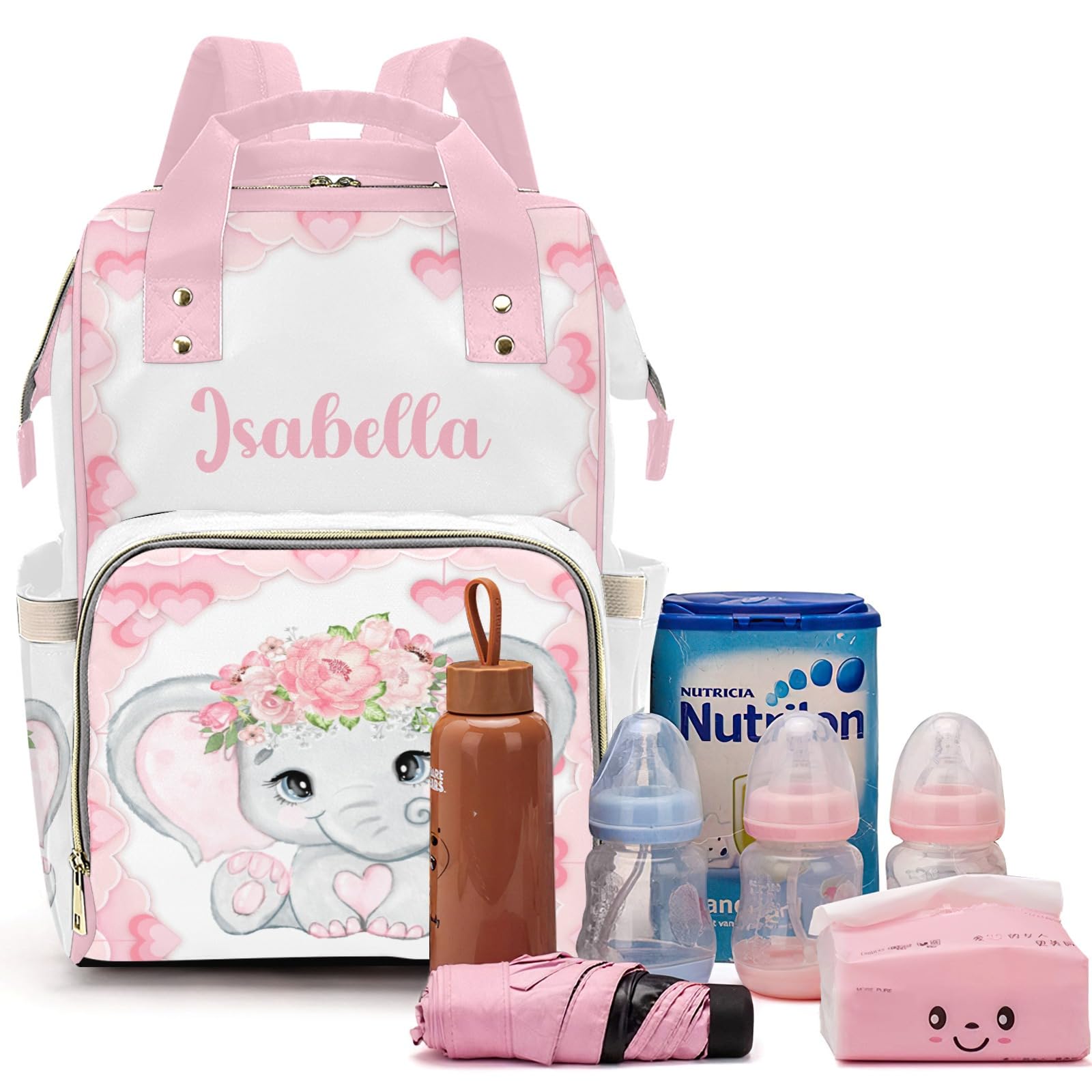 Voltexia Personalized Baby Elephant with Flowers Diaper Bag Nursing Baby Bags Nappy Bag with Name Casual Travel Backpack with Thermal Pockets Diaper