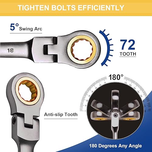 Miniatura 5 de Juego de llaves combinadas de trinquete de cabeza flexible de 23 piezas, incluye 14 llaves combinadas métricas de trinquete de 0.315-0.945 in, 9