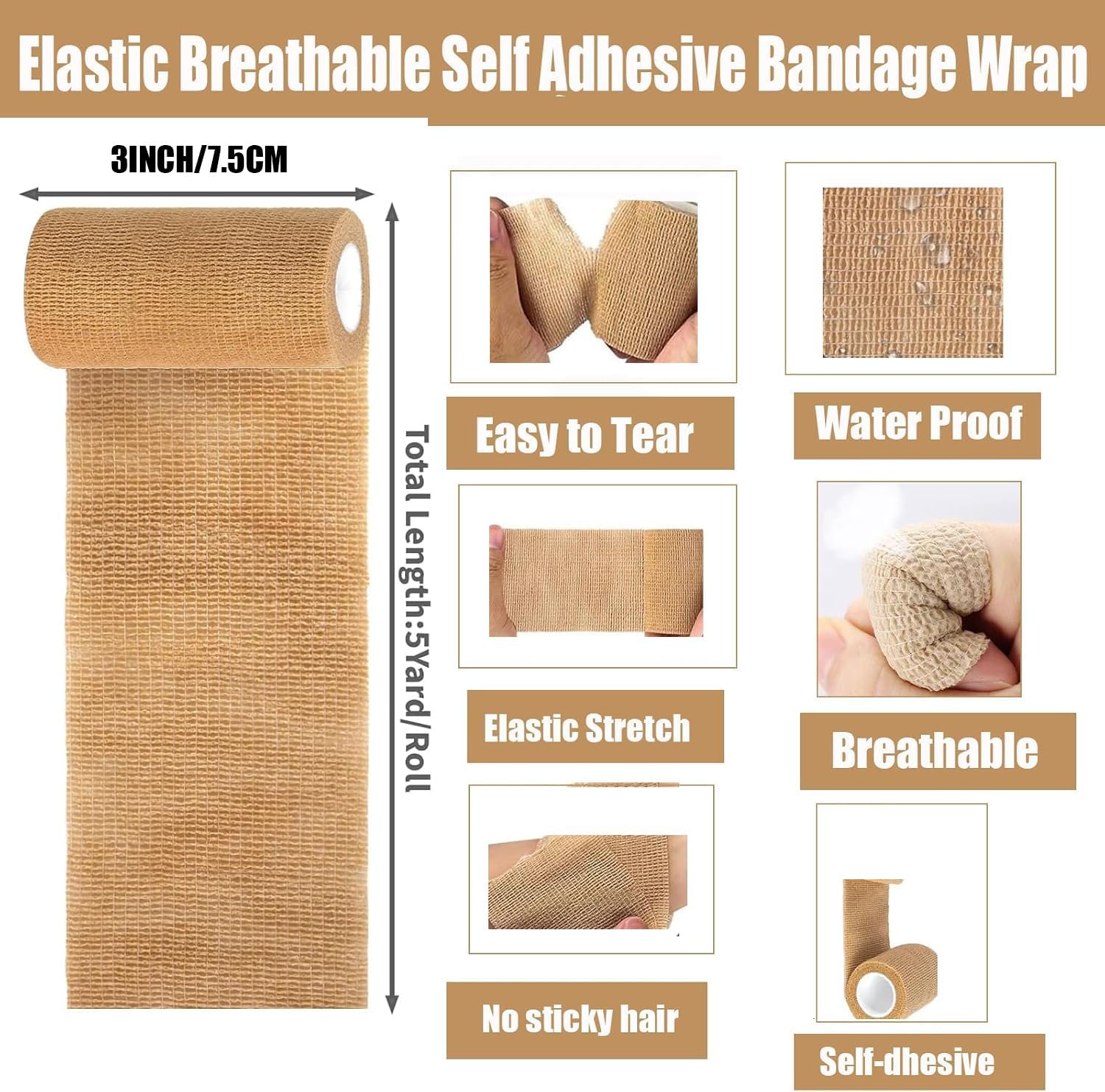 60 Bulk Pack 3 Inch x 5 Yards Self Adhesive Bandage Wrap, First Aid Tape, Elastic Breathable Cohesive Bandage Wrap Athletic Stretch Medical Tape for First Aid Wrist Ankle Sports Vet Wrap