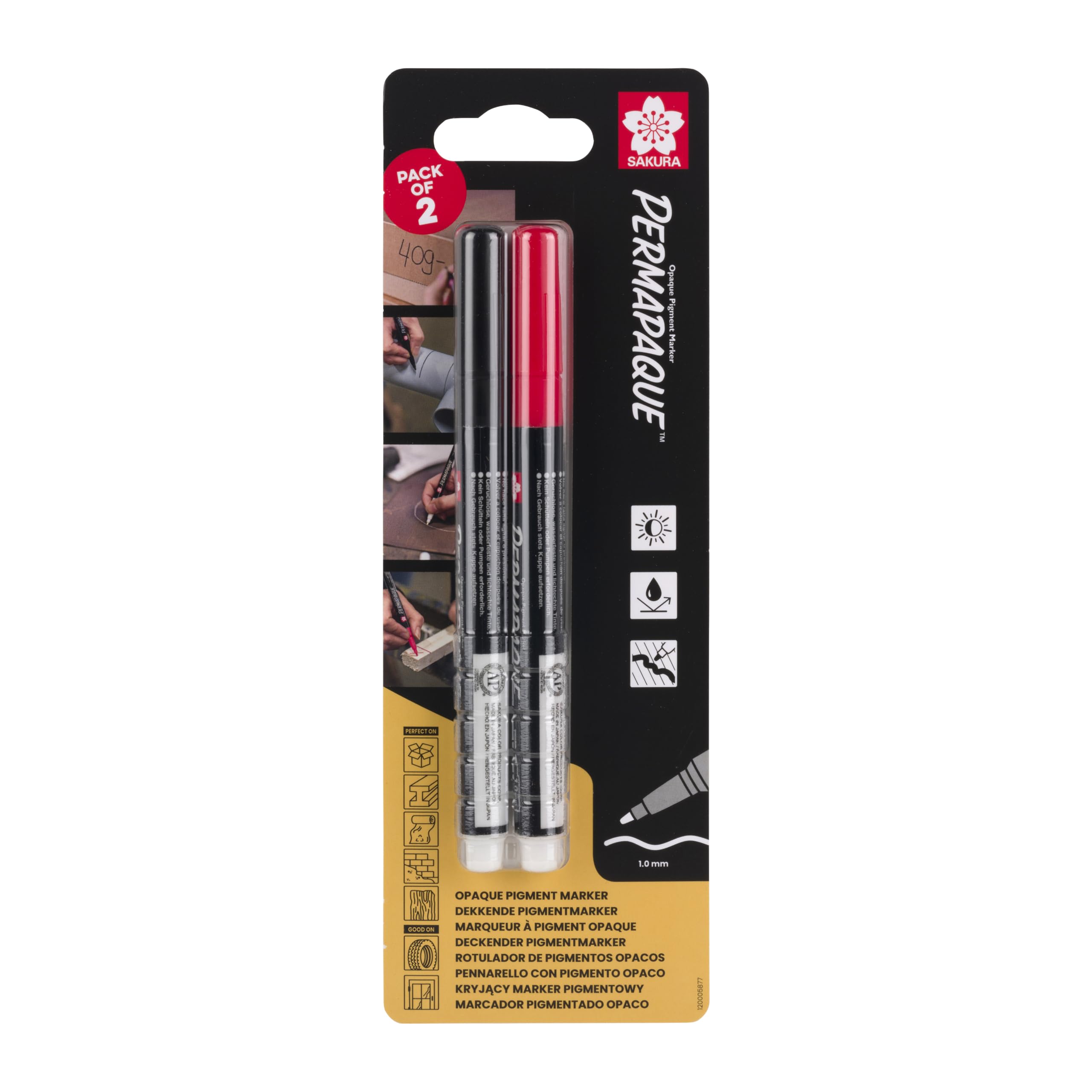 SAKURA Permapaque Fine 1 mm Permanent Marker Set - Black & Red - Water-Based Ink - Odorless Non-Toxic - Versatile for Various Surfaces - 135 mm