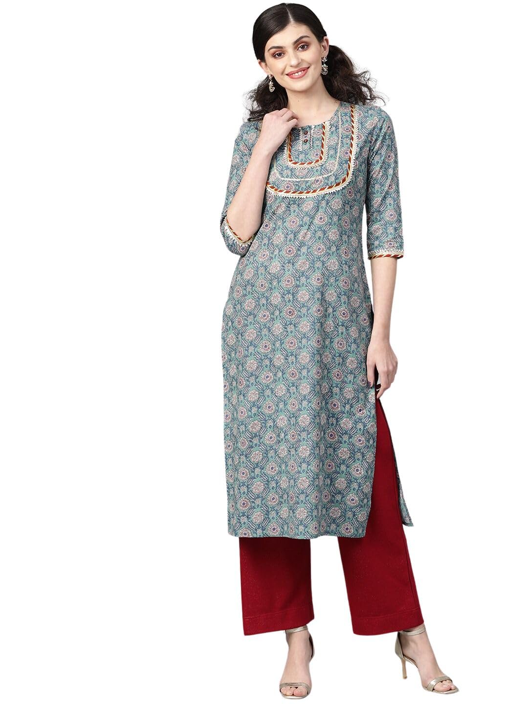 Rytras Women's Cotton Printed Straight Kurta(Ryt254,S) Green