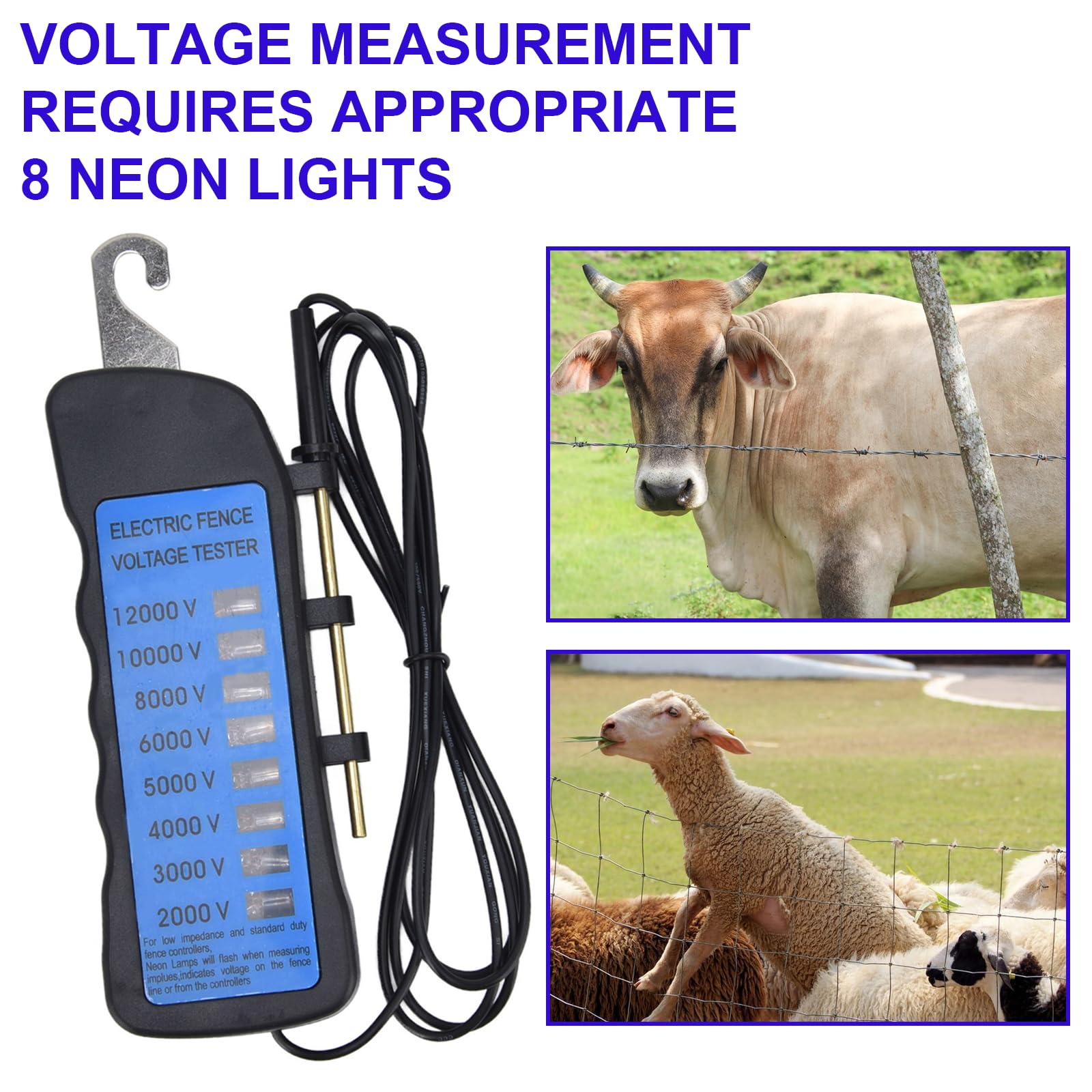 Probador Cercas Eléctricas de 12KV, Probador de Voltaje de Cerca Eléctrica 8 Luces Indicadoras de Neón, Comprobador de Vallas Impermeables para Granjas