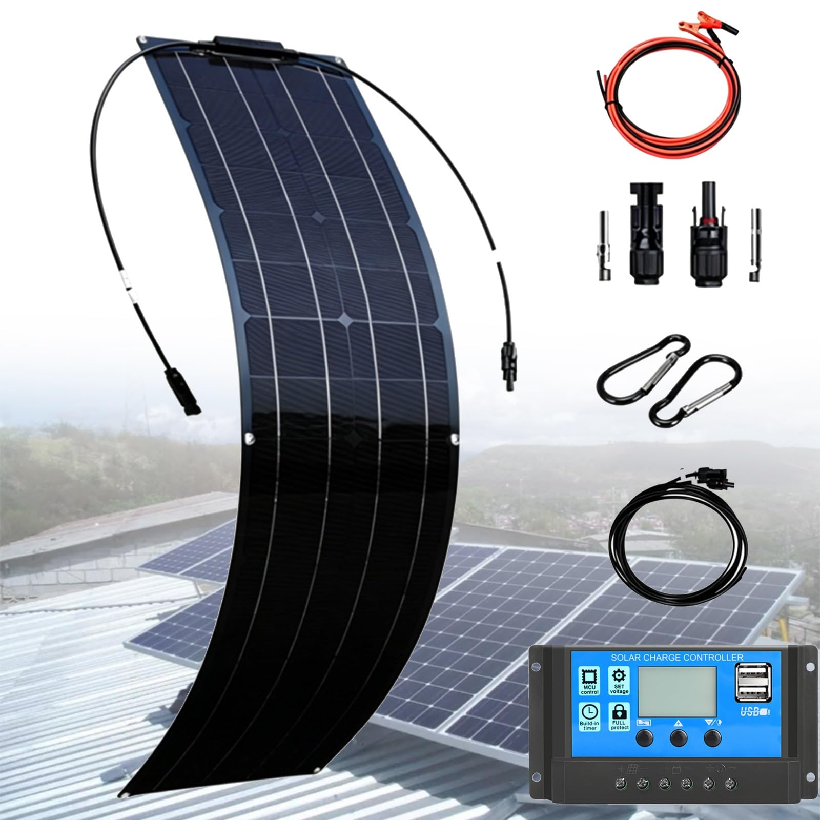 200W 400W 800W Kit ETFE Pannello Solare Flessibile 12V con regolatore di carica 40A ad alta efficienza Modulo solare monocristallino IP67 per camper auto barca giardino balcone batterie(B,200W)