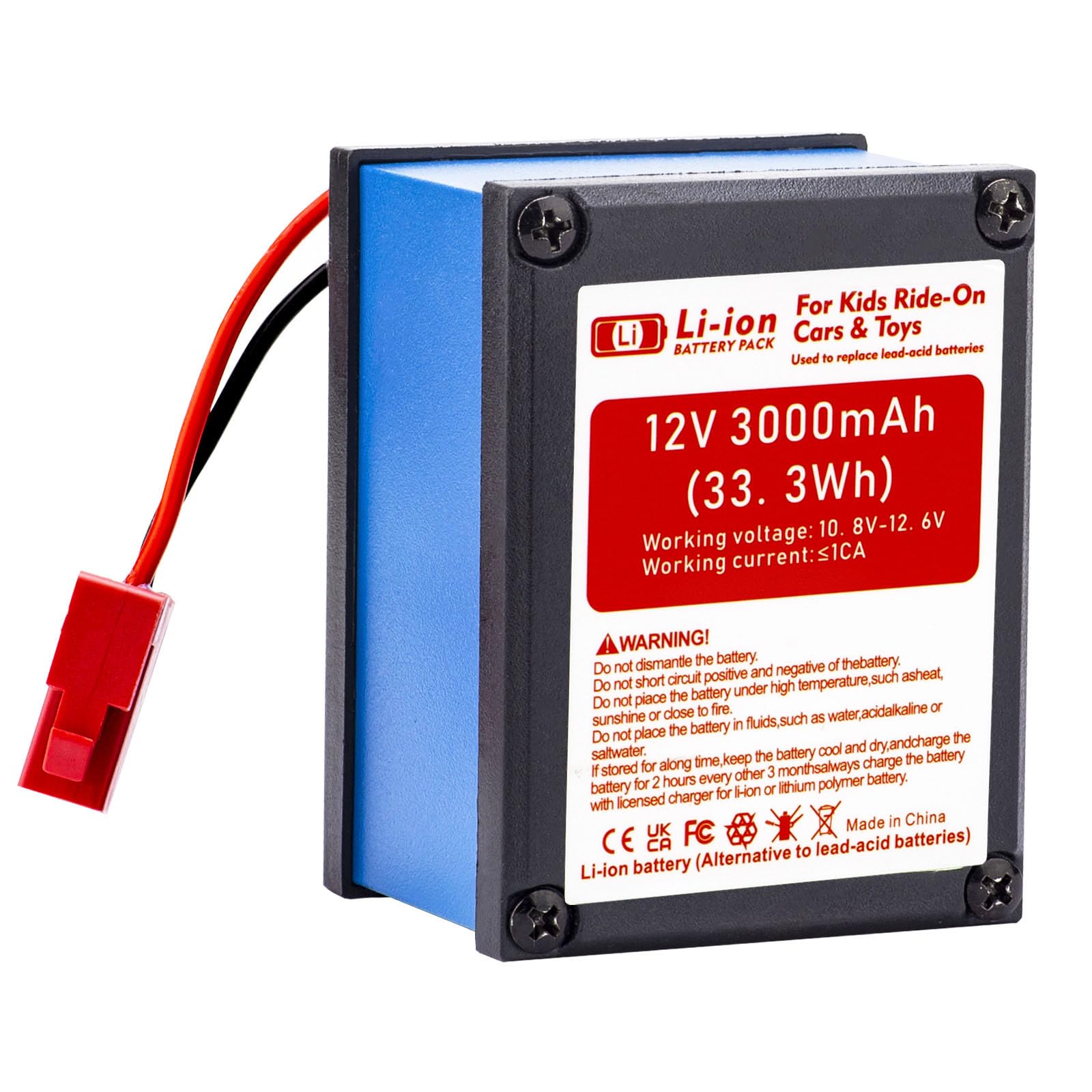 Batteria agli ioni di litio da 12 V, 3000 mAh, batteria di ricambio per veicoli elettrici per bambini, auto giocattolo, fai da te e varie attrezzature per esterni