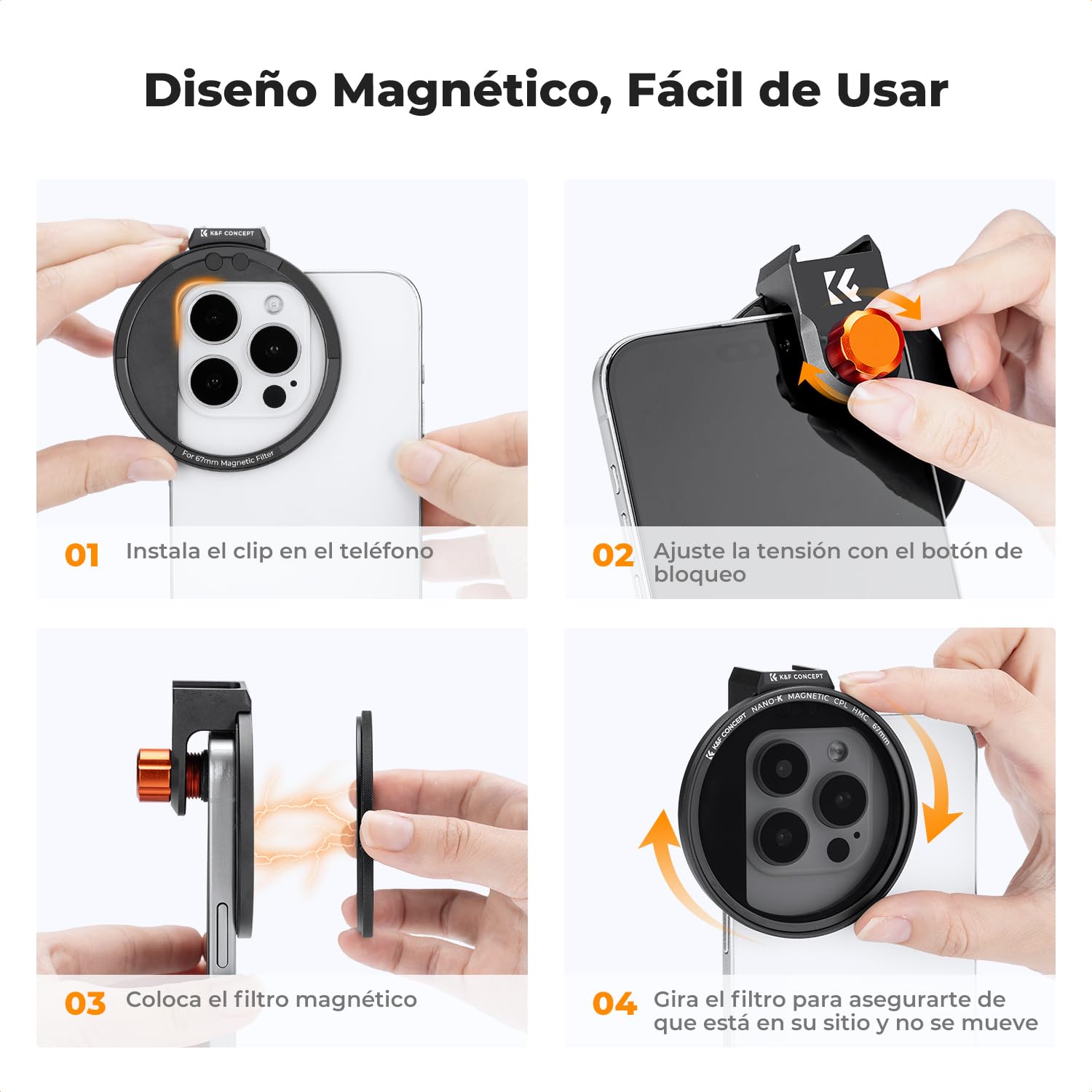 K&F CONCEPT 67mm Clip-on Magnético Filtro Polarizador CPL para Teléfono | Circular, para Teléfono Móvil Lente Compatible con iPhone 17/16/15/14/13/12, 16/15/14/13/12 Pro/Pro Max, S22/23 Ultra -FA303