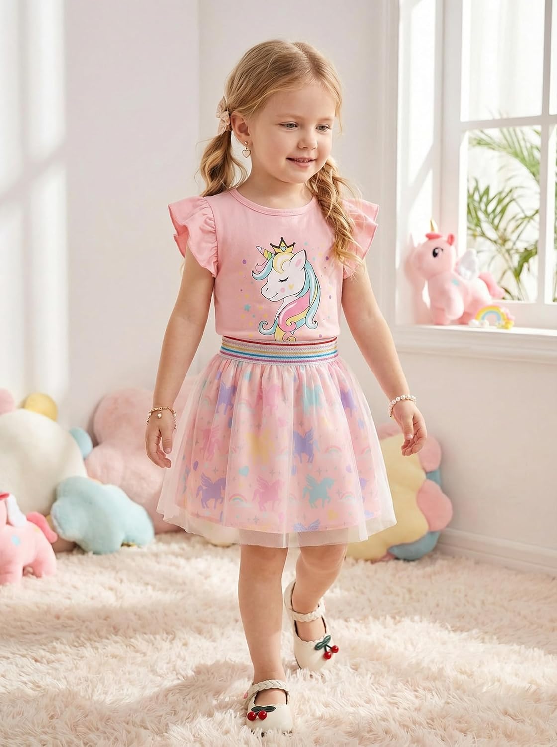 Girls Tulle Skirt Set Two Piece Ruffle Sleeve Unicorn T-Shirt Tutu Dress Summer Birthday Party Outfit 2-10 Years - Image 2