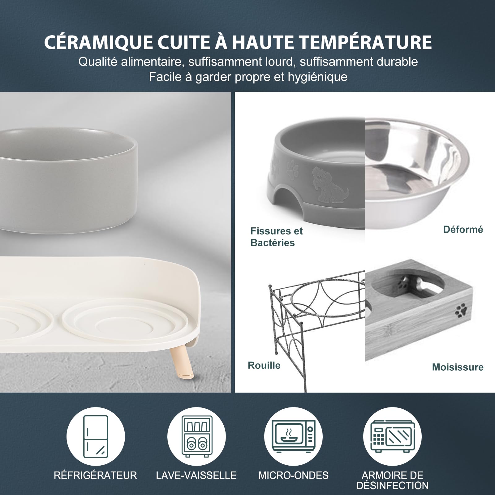 Double Gamelle Chat Surélevée en Céramique - Gamelle pour Chat avec Support Antidérapant - Bols pour Eau et Nourriture, Anti-Éclaboussures, pour Chiots et Petits Chiens - 2 x 320 ML - Gris