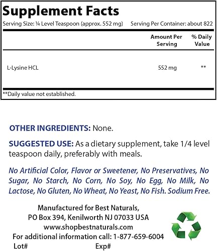 Miniatura 2 de Best Naturals Lisina en polvo 1 libra y L-lisina 500 mg
