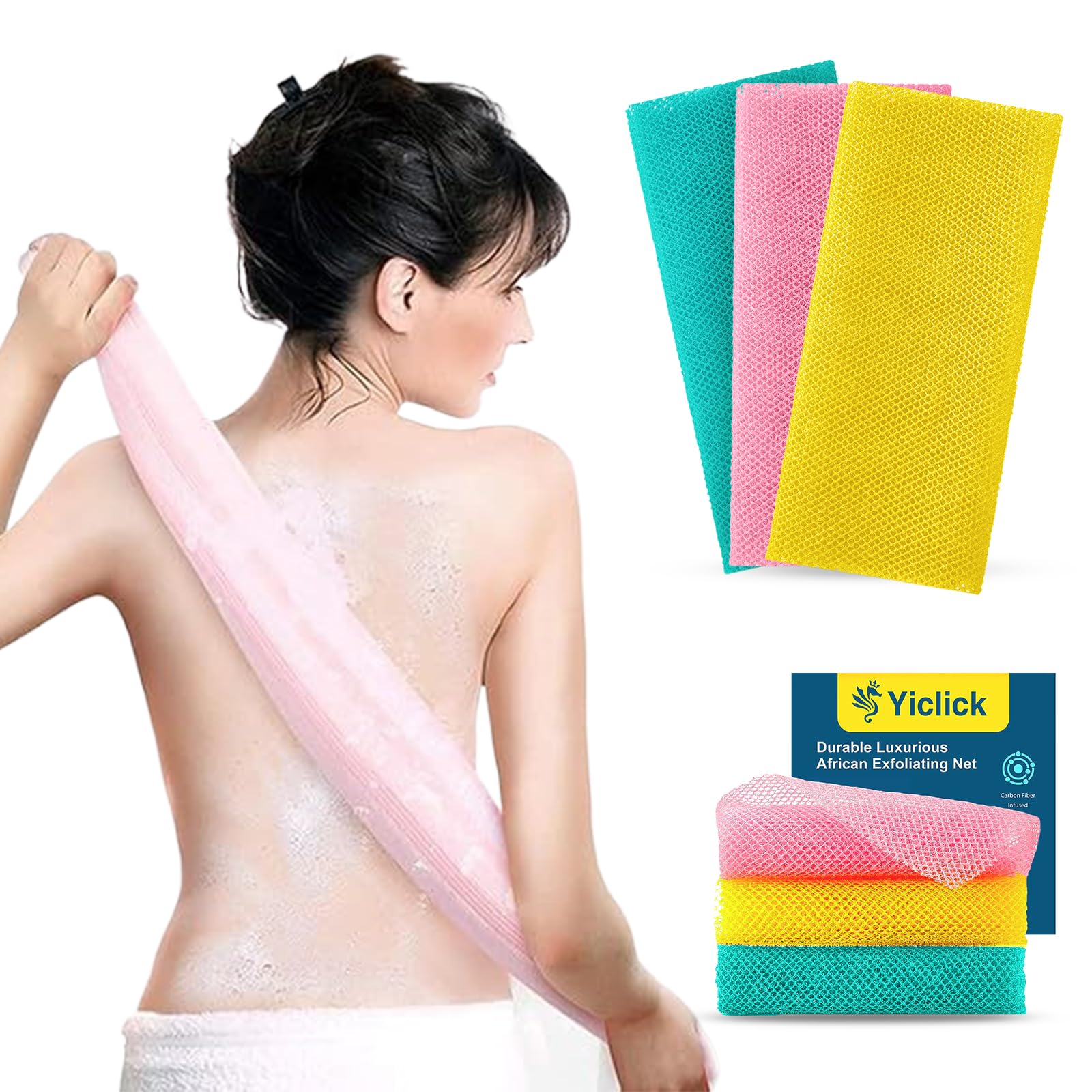 Photo 1 of Yiclick Exfoliating African Net Sponge - Exfoliating Body Scrubber Exfoliator, Exfoliating Washcloth Towel, Exfoliate Rags Wash Cloth Loofah Sponge for Body Scrub, Back Scrubber (Green+Pink+Yellow)