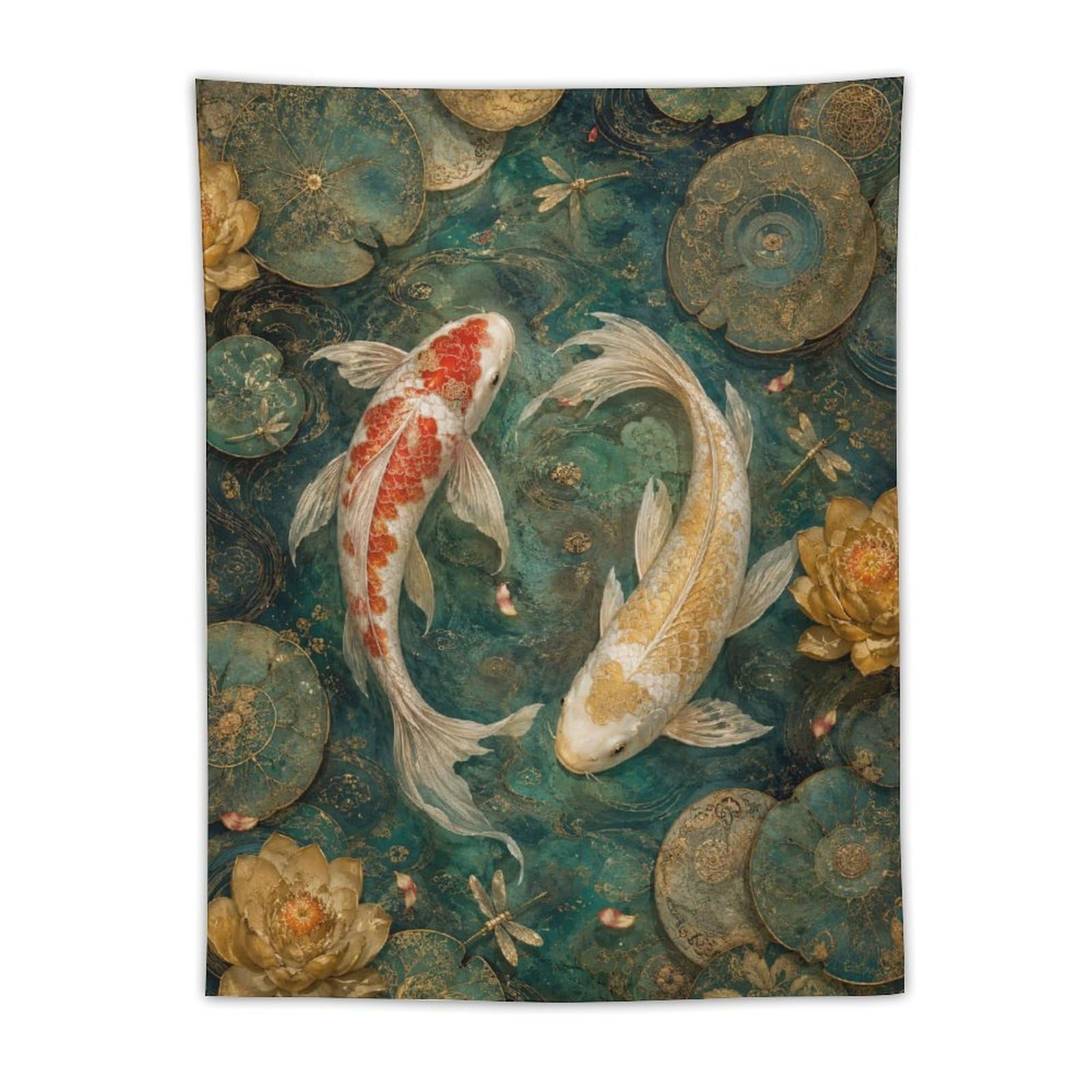 H3B8U2Y5 Koi Fish Floral Wall Tapestry, Ukiyo-e, Tranquil Pond