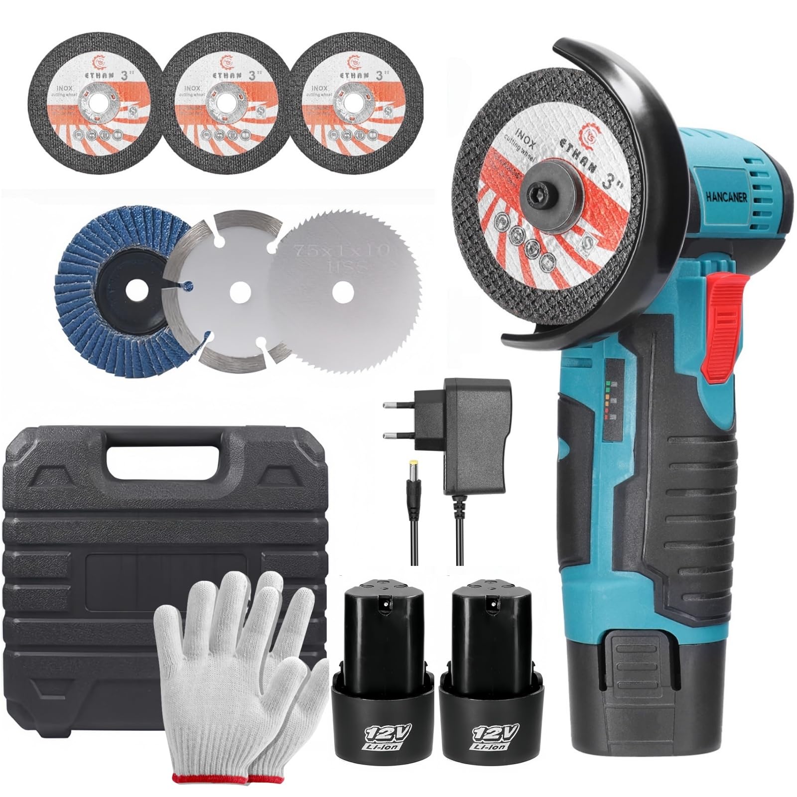 Hancaner Mini Smerigliatrice ad angolo senza fili 19500 RPM 12V Professional Dischiatore Senza Fili | 2 Batteria 2.0 Ah | 6 Dischi da Troncare 76mm | Smerigliatrice Angolare Senza Fili per Rettifica e