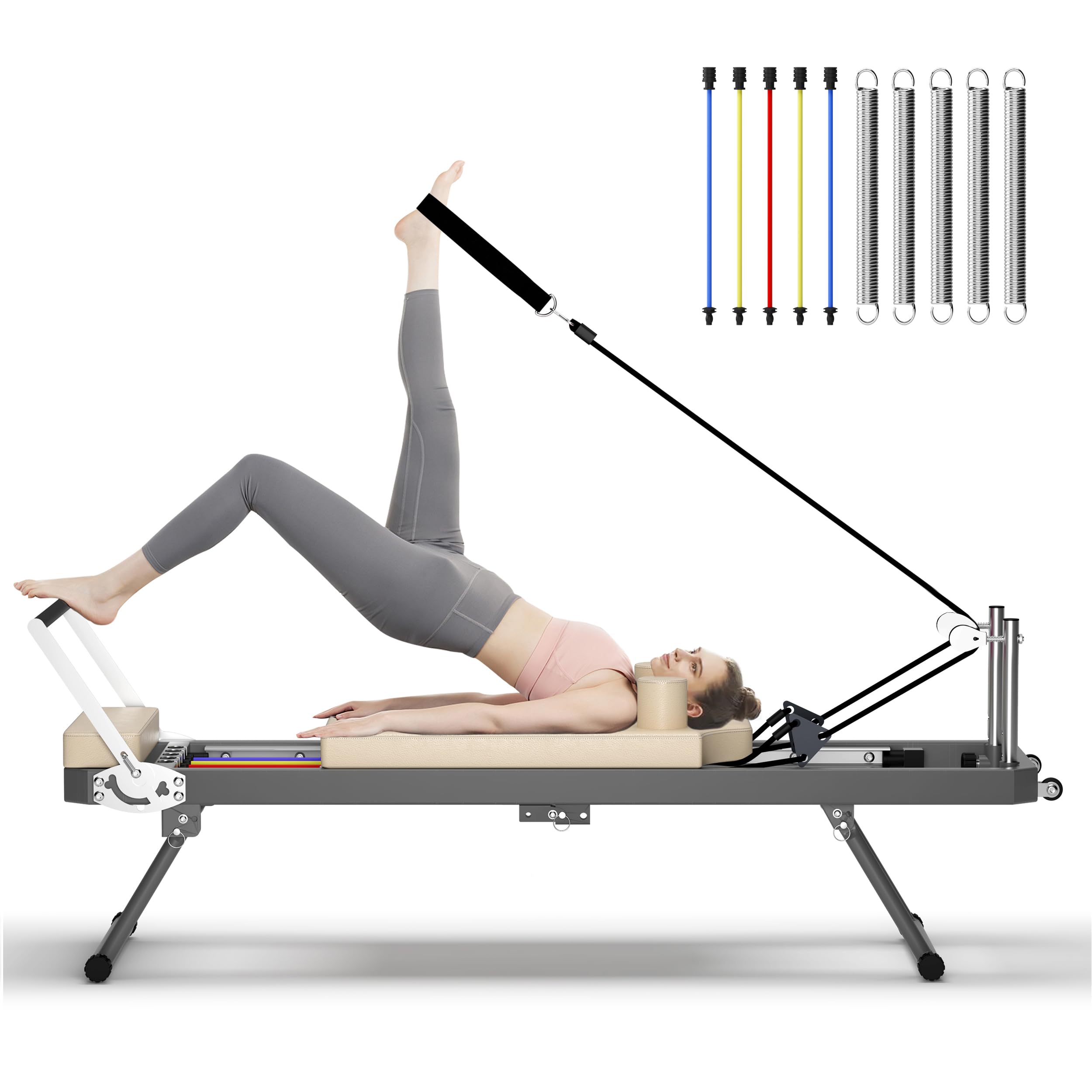 SogesGame Foldable Pilates Reformer Machine with 5 Resistance Cords/Springs - 330lbs/400lbs Capacity Home Gym Equipment, Portable Pilates Board for Core Training