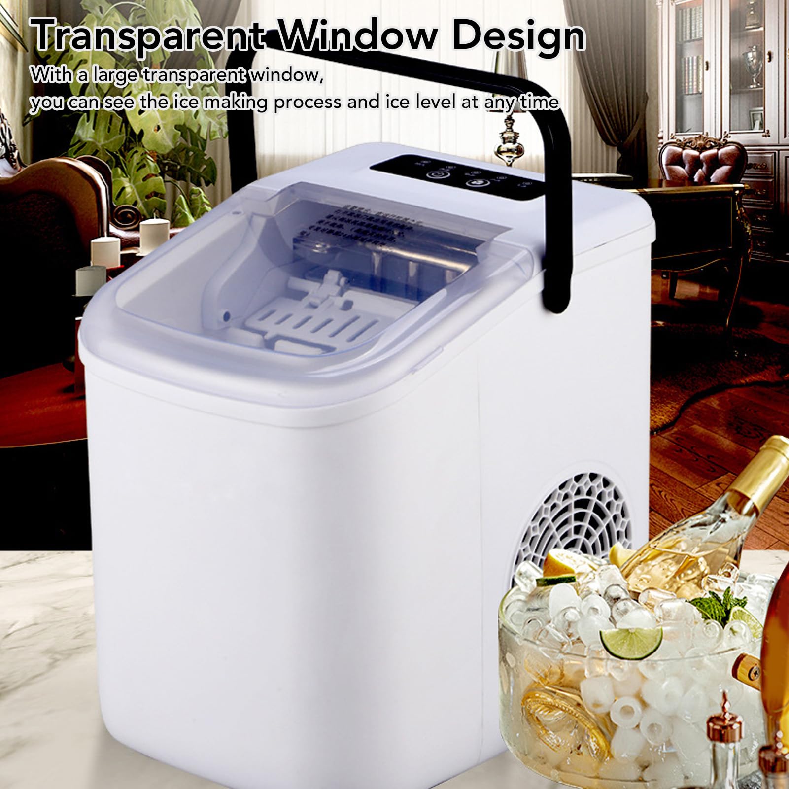 FTVOGUE Máquina para Hacer Hielo en Encimera, 1,1 L, 9 Cubitos de Hielo, Máquina de Portátil Autolimpiante con Ventana Transparente para el Hogar, Restaurante, Tienda de té con (Enchufe europeo 220V)
