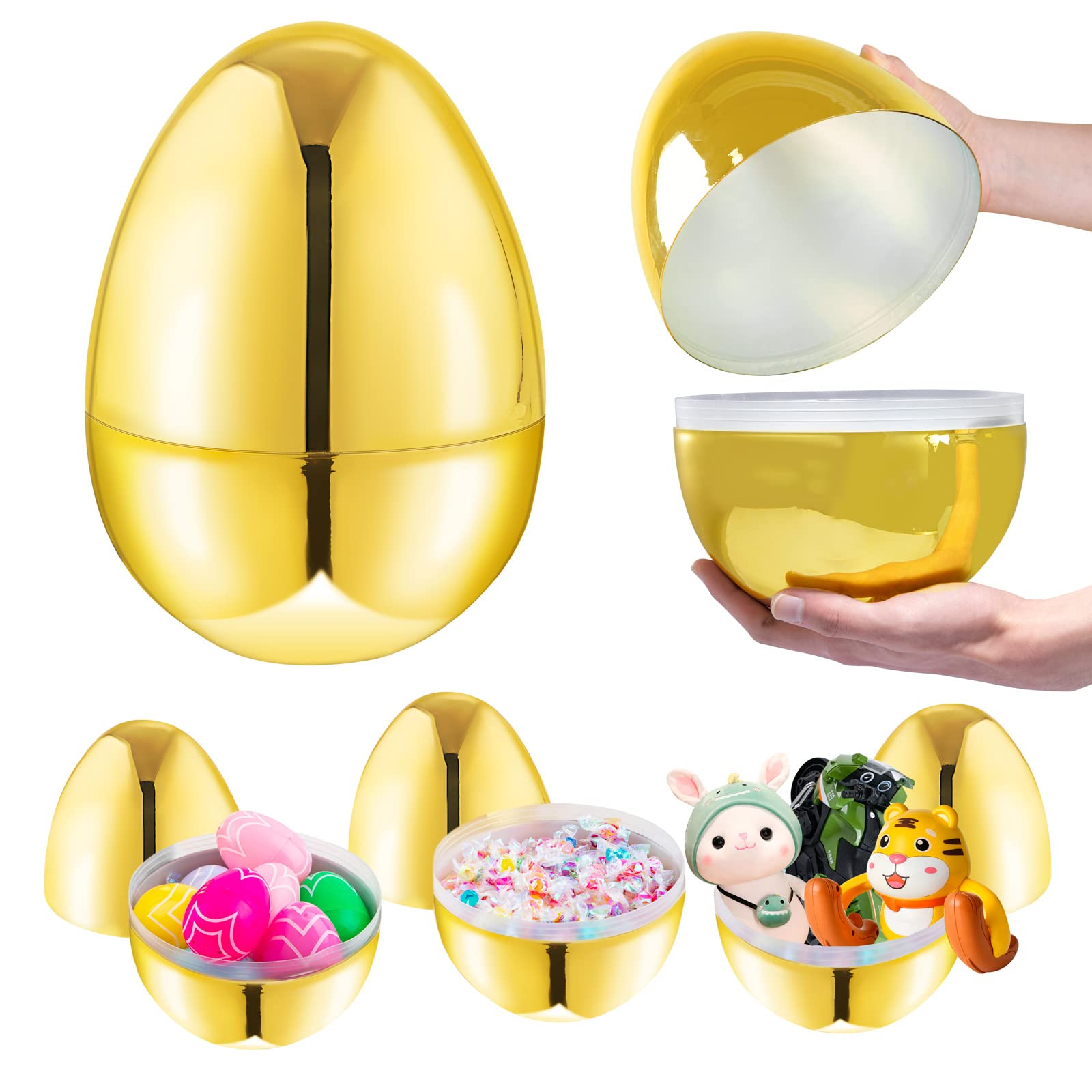 I00000 3PCS 10" Large Gold Eggs Big Golden Easter Eggs Plastic Fillable Easter Eggs Jumbo Gold Eggs Surprise Eggs Hunt Easter Basket Stuffers Filler Toys Gifts for Kids Boys Girls Easter Party Favor