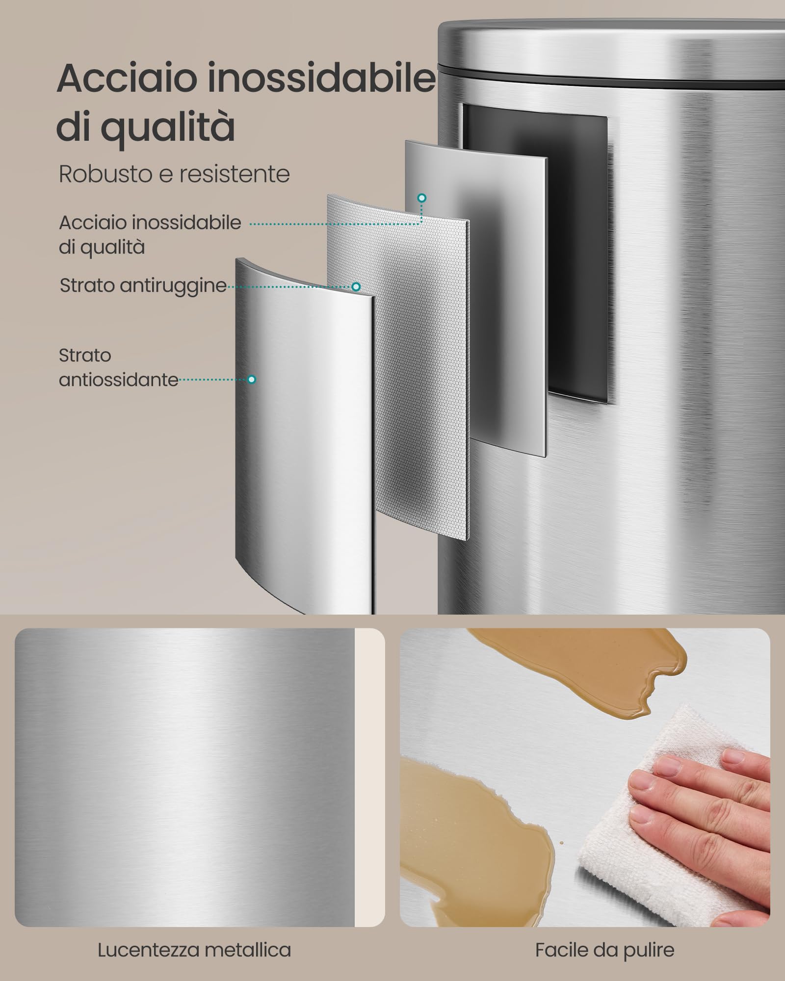 SONGMICS Pattumiera Rotonda, Cestino con 15 Sacchetti Spazzatura, Pedale in Metallo, Secchio Rimovibile in Plastica, Manico, Chiusura Ammortizzata, Acciaio Inox, 30 L, Argento LTB031EZ02