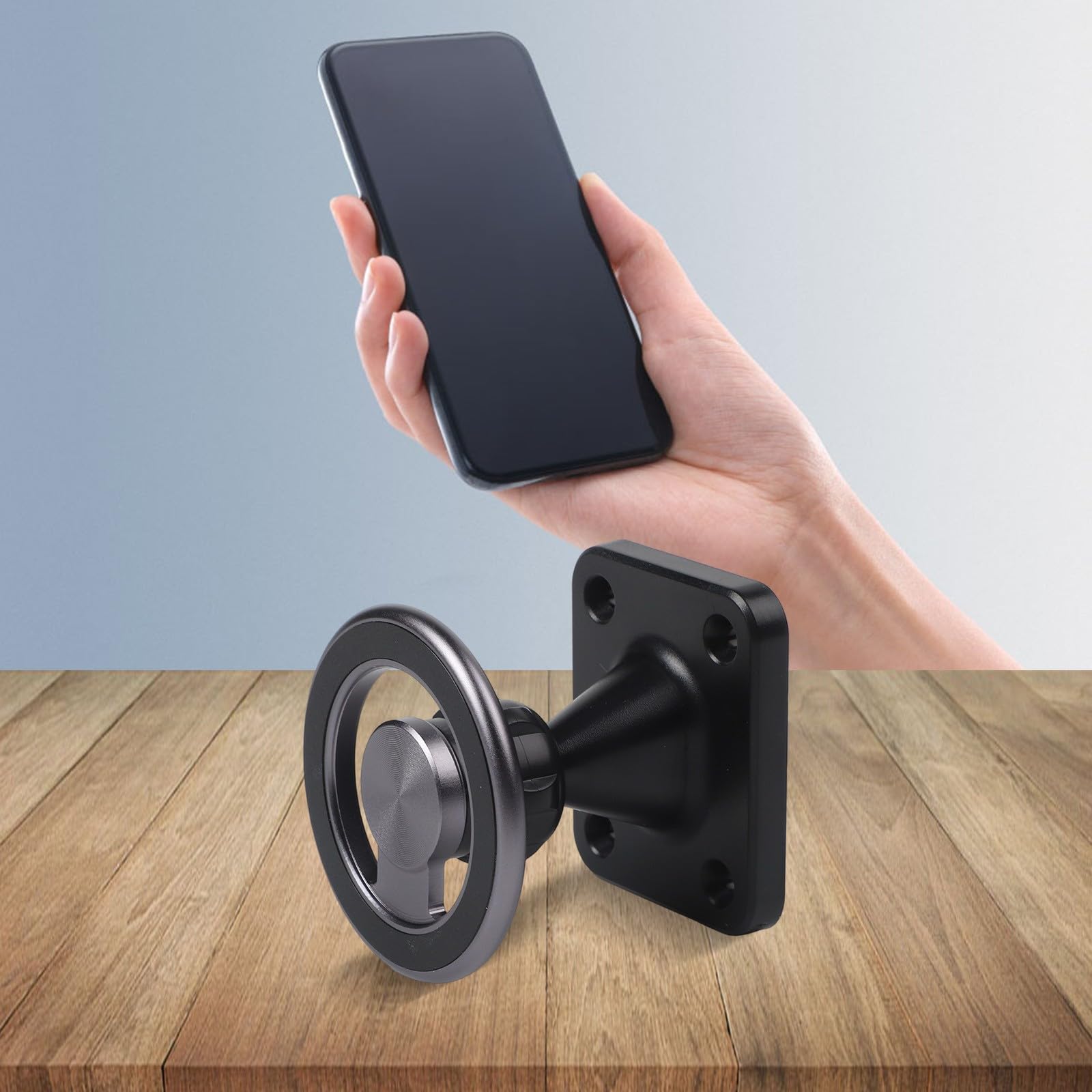 Supporto da parete regolabile per tablet e telefoni rotanti a 360°, struttura in lega di alluminio, per design compatto 6 x 5 cm, forte tenuta magnetica, nero