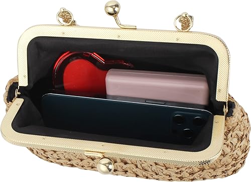 Miniatura 4 de Mini bolso de embrague tejido de paja para mujer, bolso cruzado con correa de cadena