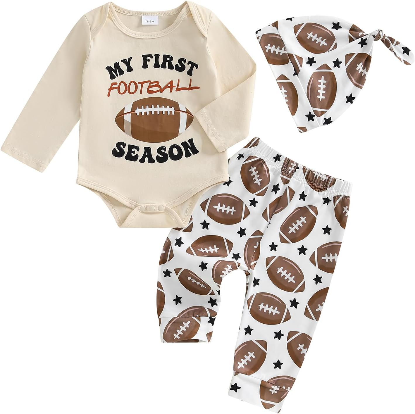 Newborn Baby Boy Football Clothes Letter Rugby Print Long Sleeve Romper Pants and Cap 3 Pcs Outfits Set
