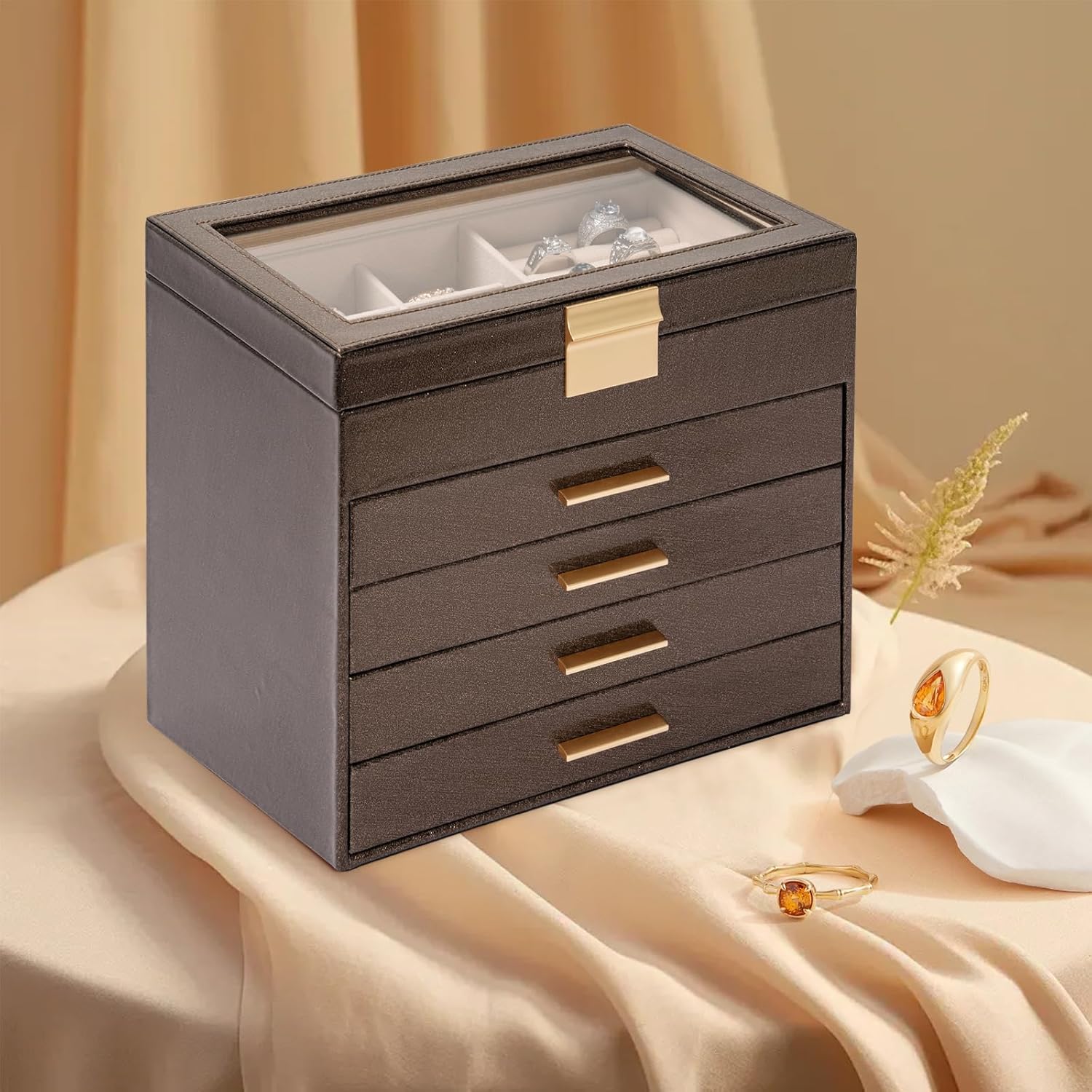 AKOZLIN 5-Tier Jewelry Box with Clear Glass Lid Functional Leather Jewelry Storage Organizer Case 4 Drawers for Women Girls Necklace Ring Bracelet Earring