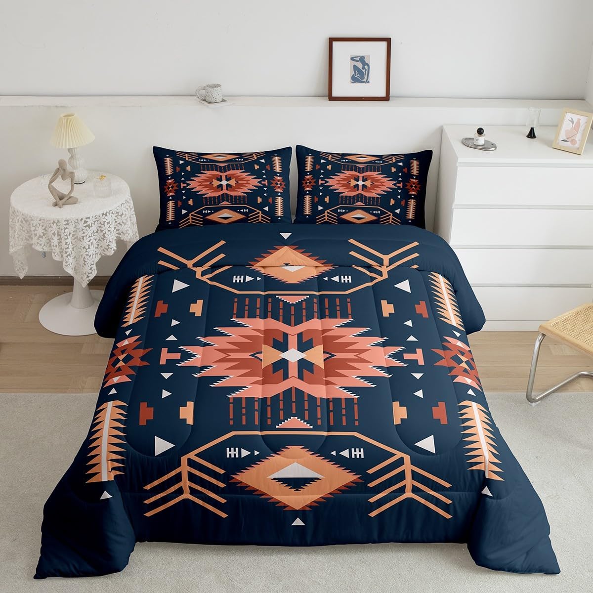 Southwest American Comforter Set Queen Size Indian Tribal Aztec Style Quilt Set Vintage Navy Blue Red Bedding Set 3pcs for Kids Teens Adults Room Decor Abstract Art Duvet Insert,2 Pillowcases