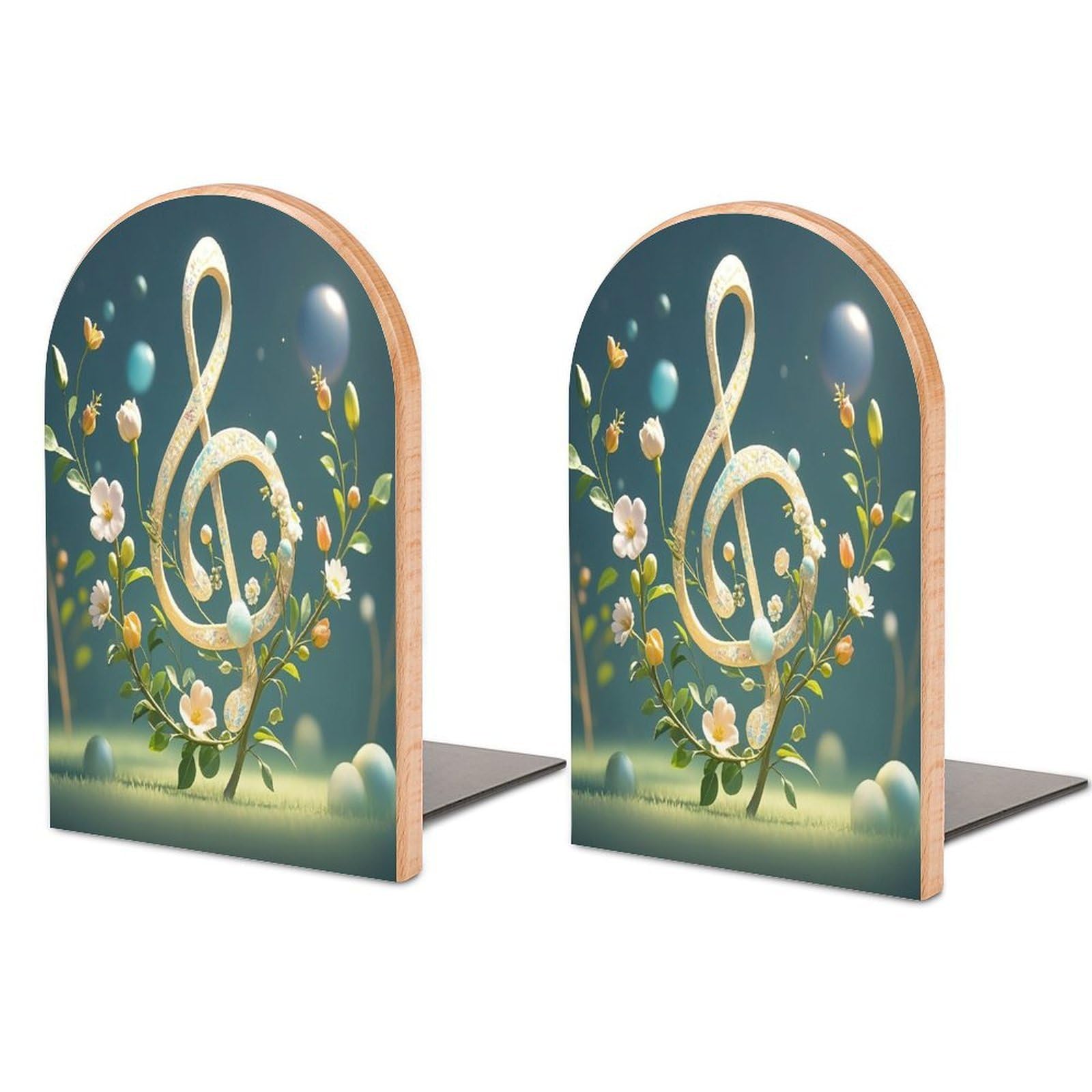 Musical Note Floral Bookends 1 Pair Heavy Duty Book Ends for Shelves Non-Skid Bookend Supports Wooden Book Holders with Metal Base Desk Organizers Books Storage to Hold Books