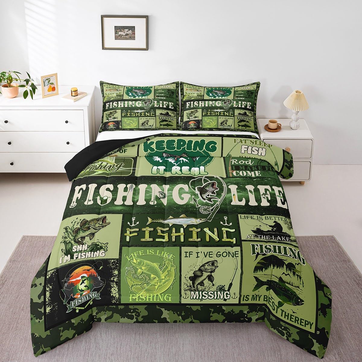 Feelyou Kids Bass Fish Duvet Insert Twin Size, Grenn Big Pike Comforter Set Boys Girls Hunting and Fishing Bedding Set Fisherman Teens Bedroom Decor Microfiber Bed Set