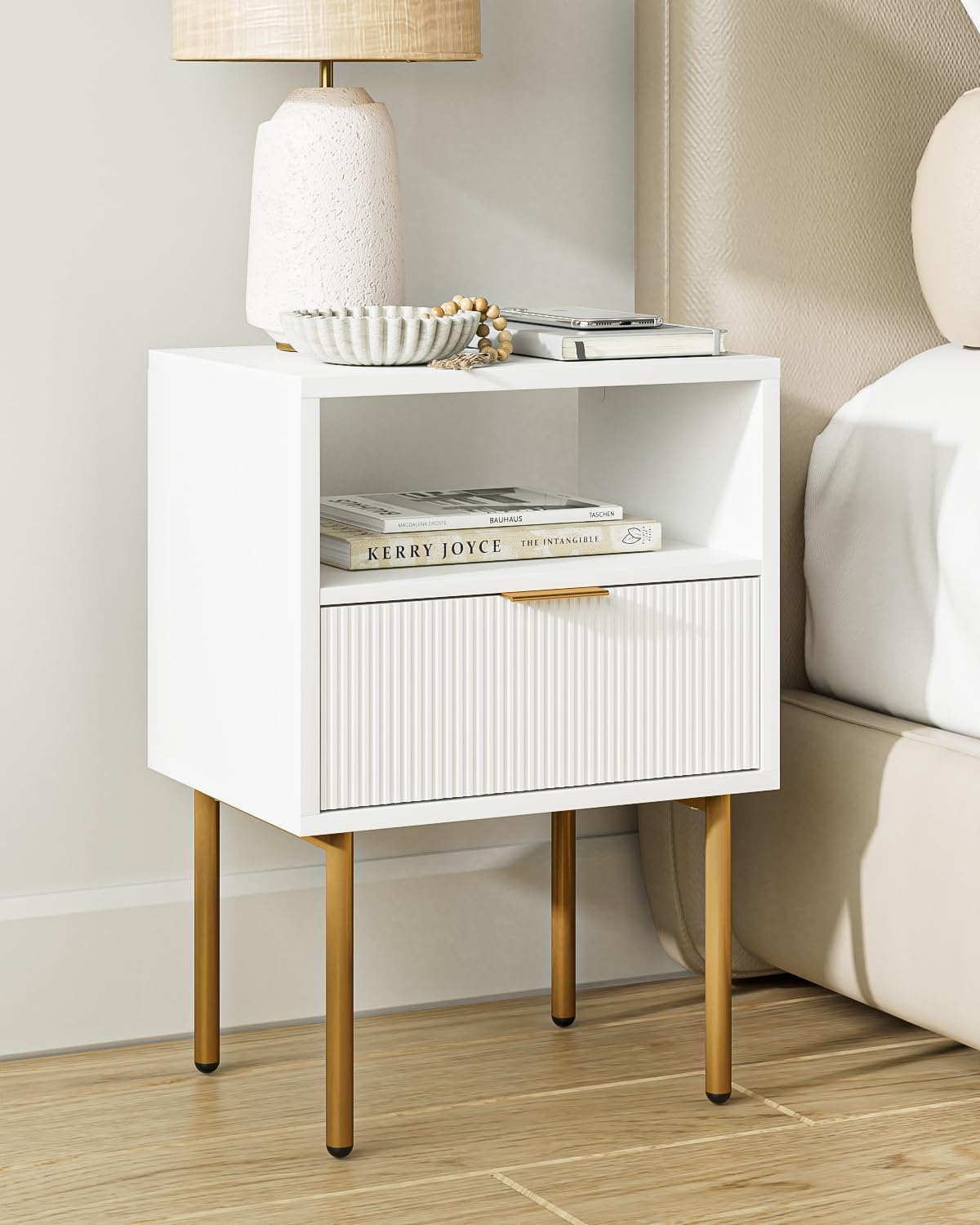 Nightstand,Morden Bedside Table with Gold Frame,Small White Night Stand,End Table,Bedside Furniture,Side Table with Drawer and Shelf for Bedroom,Living Room (1Drawer, White)