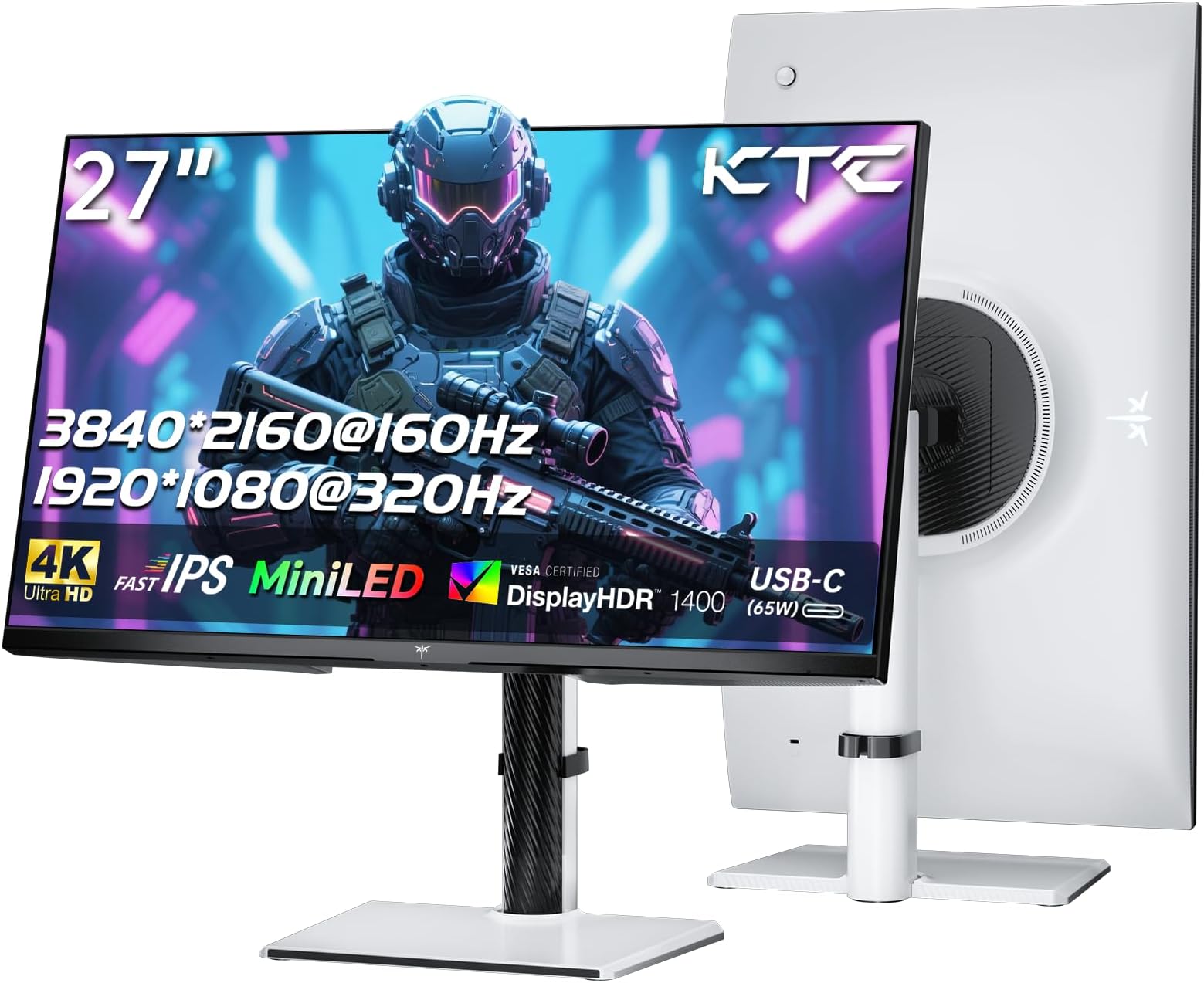 KTC MiniLED Gaming Monitor 27 Inch | 4K@160Hz, FHD@320Hz Seamless Switching | 1152 Zoll Local Dimming | VESA Display HDR1400 | 1ms Response Time | Adaptive Sync | 145% sRGB | KVM | White | M27P6: image 1 of 8