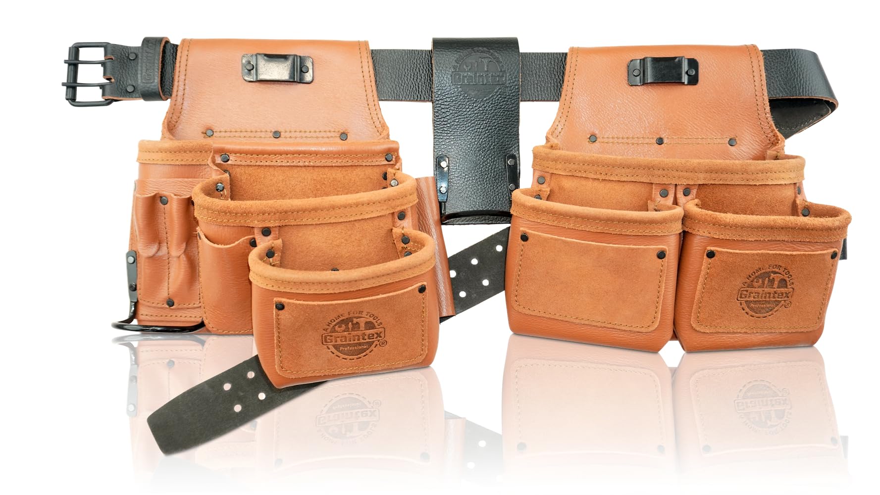 Graintex 13 Pocket Framers Tool Belt, 4 Pc Combo Industrial Grade Leather Tool Pouch, 2” Leather Belt &amp; Hammer Holder, Bags for Drywall Tools, Electricians, Plumbers