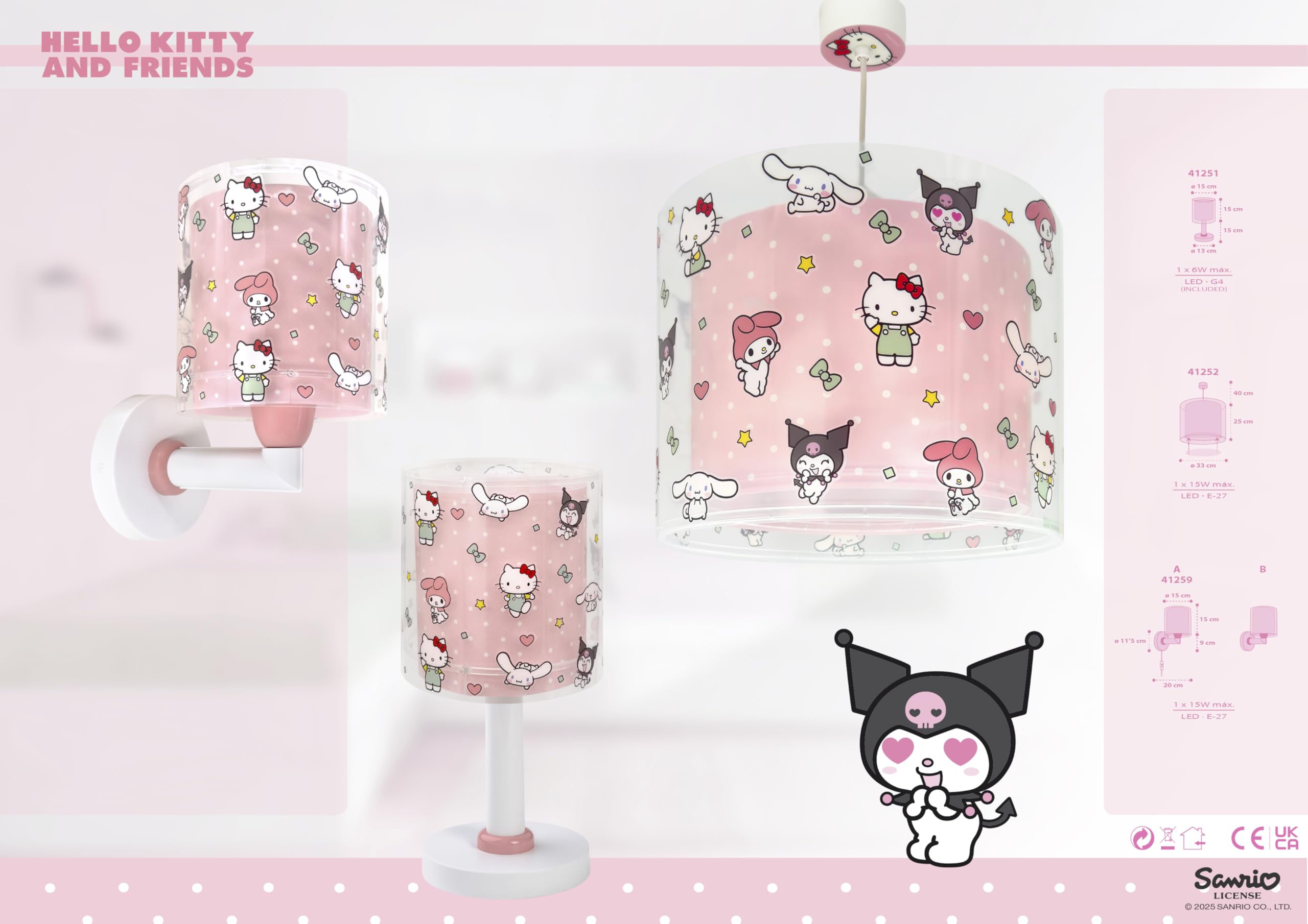 Dalber Lámpara Techo Colgante Infantil Hello Kitty & Friends 41252 E27 | Incluye difusor de luz inferior extraible; Habitación niñas; lámparas infantiles.