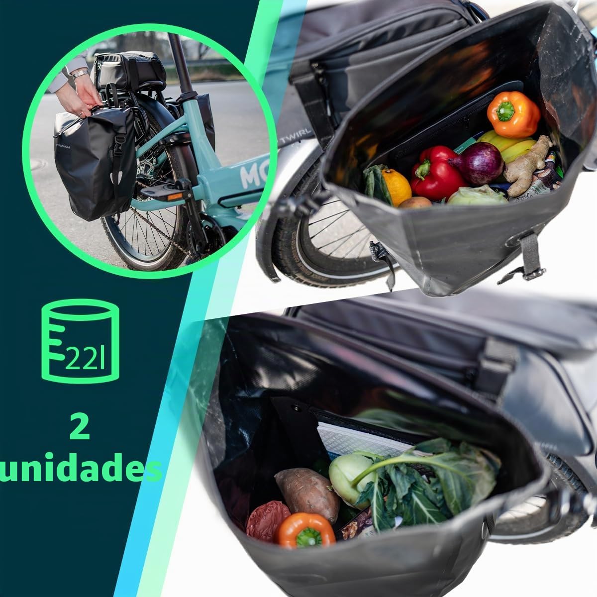 TWIRL Bolsa para bicicleta para portaequipajes DOUBLE, 2x 22 litros, con asa, correa para el hombro y pequeño bolsillo interior extraíble, bolsa trasera para bicicleta, negro