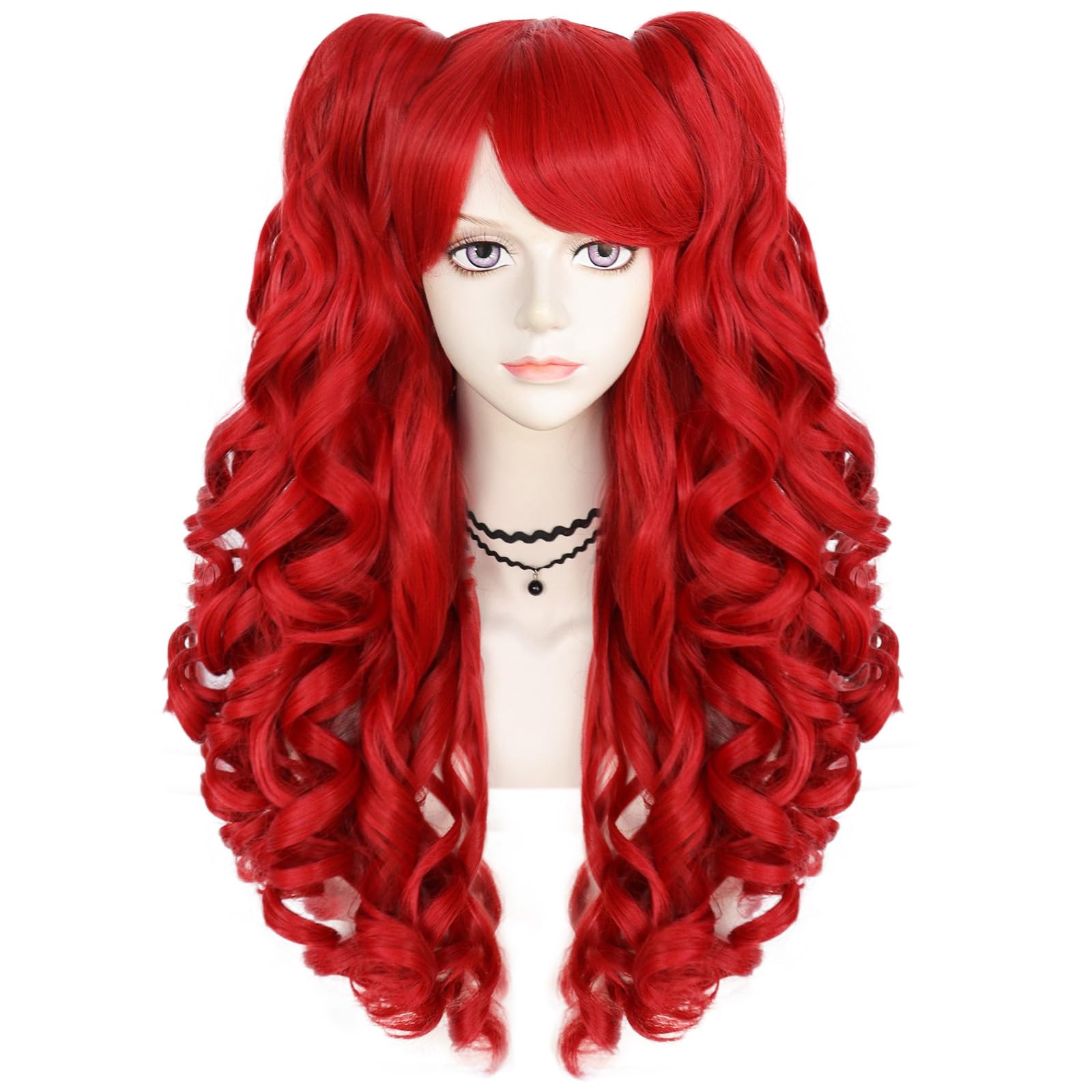 ANOGOL Hair Cap + Long Red Curly Wig with 2 Ponytails Red Cosplay Pigtails Wig Frizzle Wig for Women Peluca Roja for Cosplay Costume Halloween Party