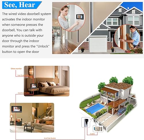 Miniatura 2 de Sistema de intercomunicación de video con cable, monitor de 7 pulgadas y cámara de timbre de aleación de aluminio, intercomunicador de 2 vías, kit