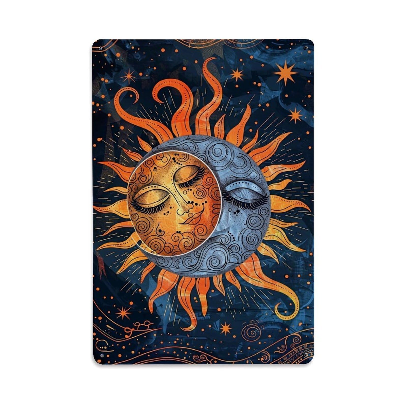 Jdfenggu Vintage Sun And Moon Faces Pattern Retro Metal Tin Sign, Decor Art Poster For Bar, Home, Man Cave, Kitchen, Laundry Room Gift 8X12inch