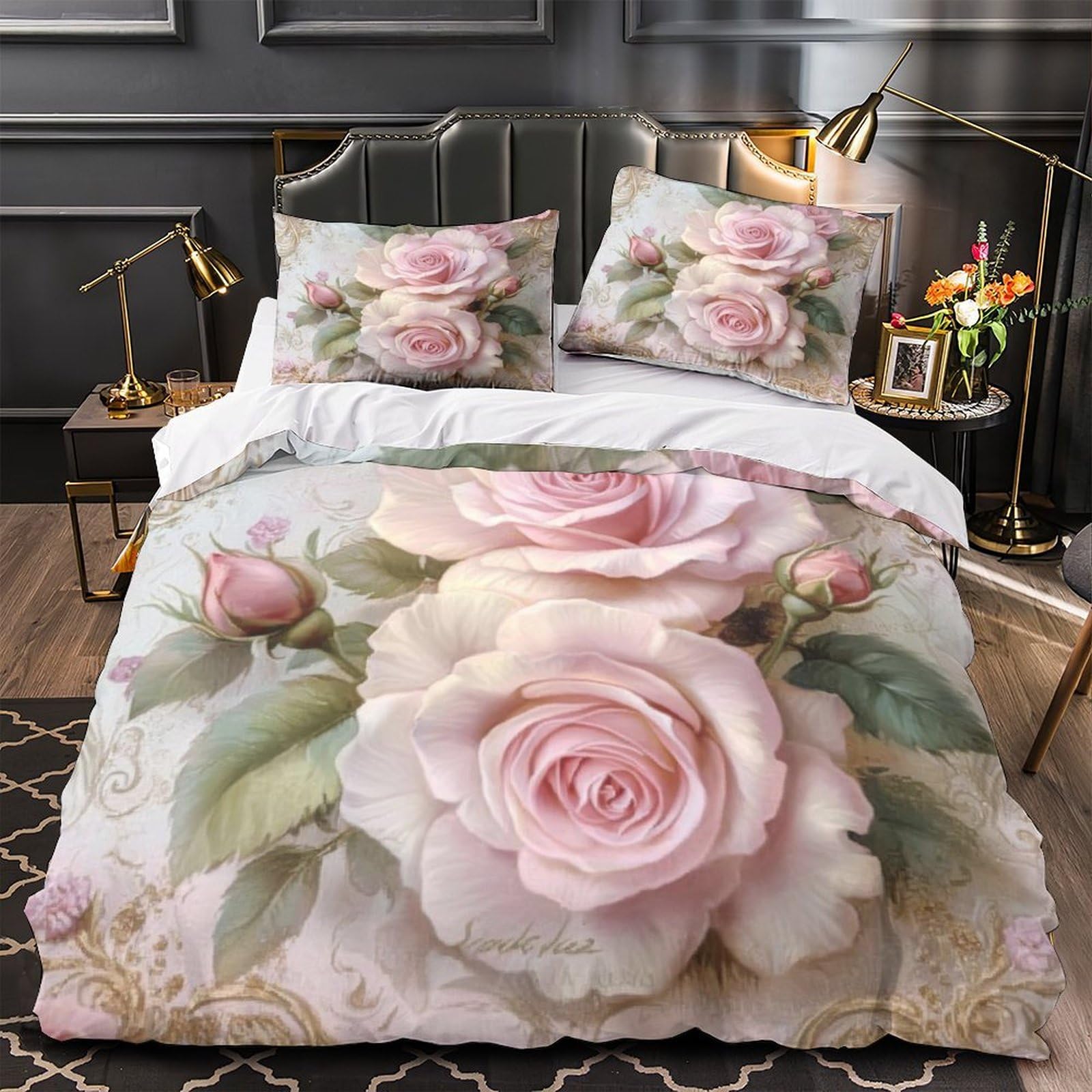 Housse de couette roses roses imprimée 3D avec fermeture éclair douce