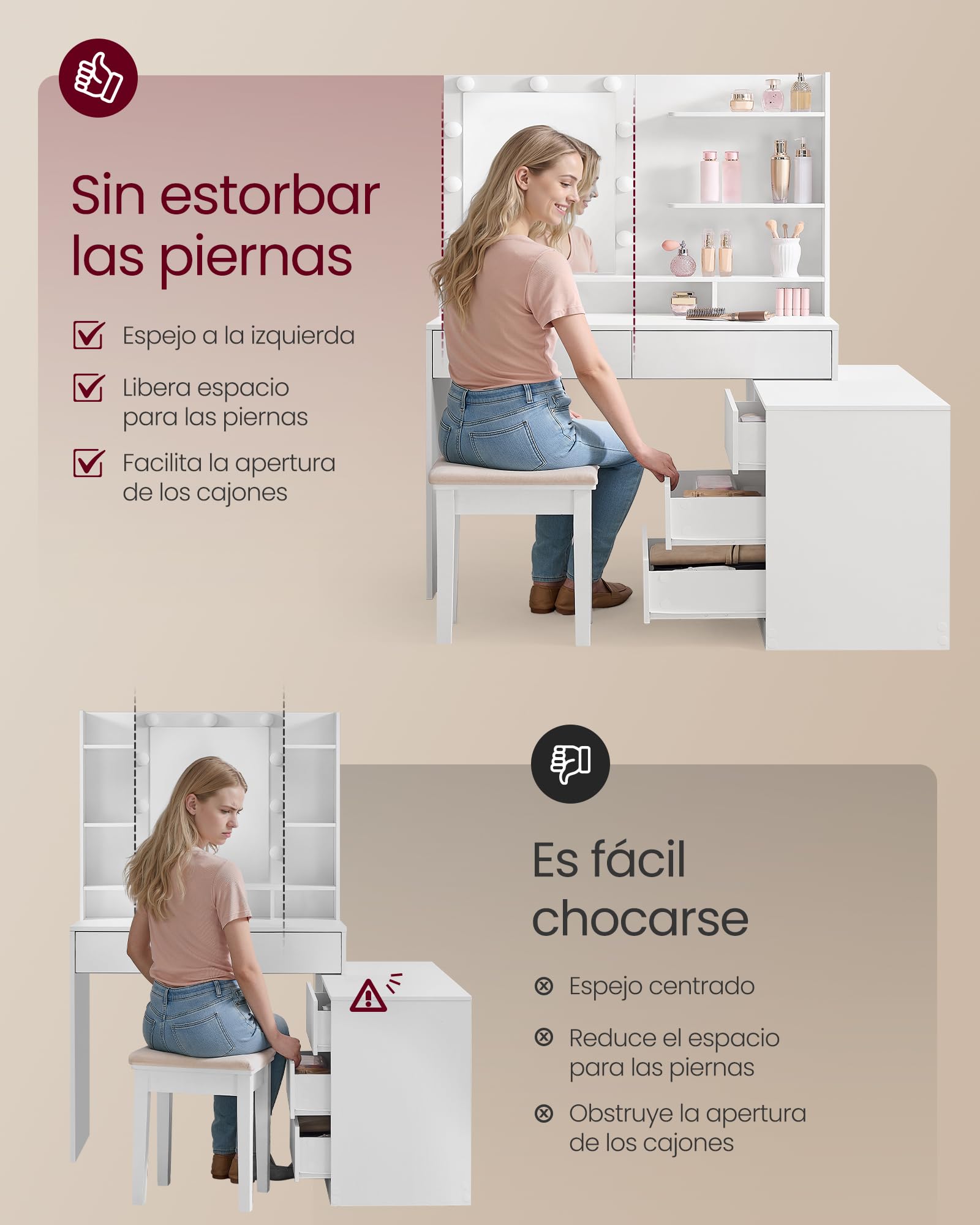 VASAGLE Kailyn Colección - Tocador con Espejo LED y Regleta, 9 Bombillas, 8 Cajones, 3 Estantes, Iluminación de 3 Colores, Modular en Línea o en L, Mesa de Maquillaje, Blanco Nube RDT140WB01