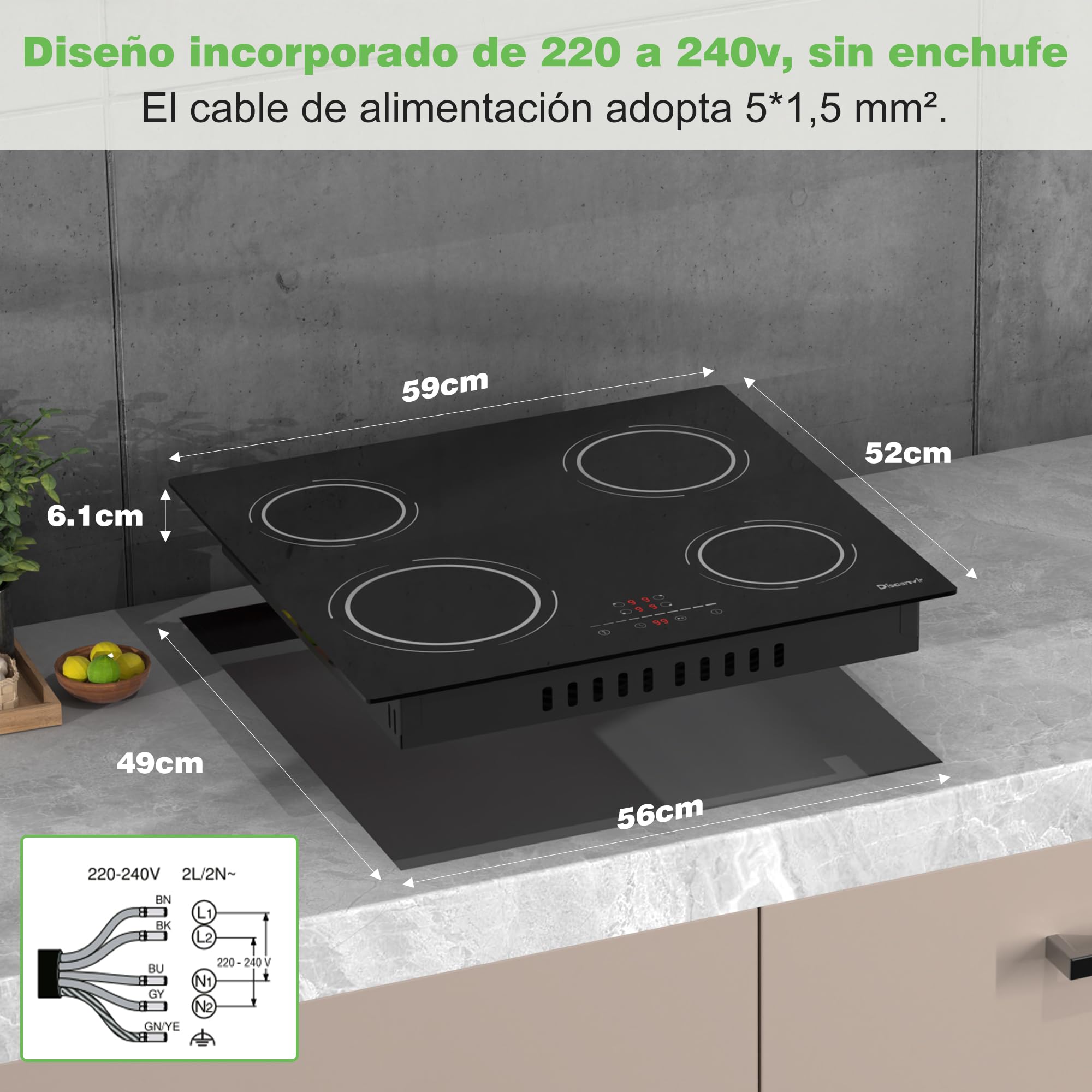 Placa Induccion 4 Fuegos 6400W, Placa de Inducción Integrada 4 Placas, Vitroceramica Induccion 56×49cm, Función de Pausa, 9 Nivels, Control táctil, con Temporizador, Cerradura Infantil | Booster, temporizador, protección para niños, función de pausa, 9 ni