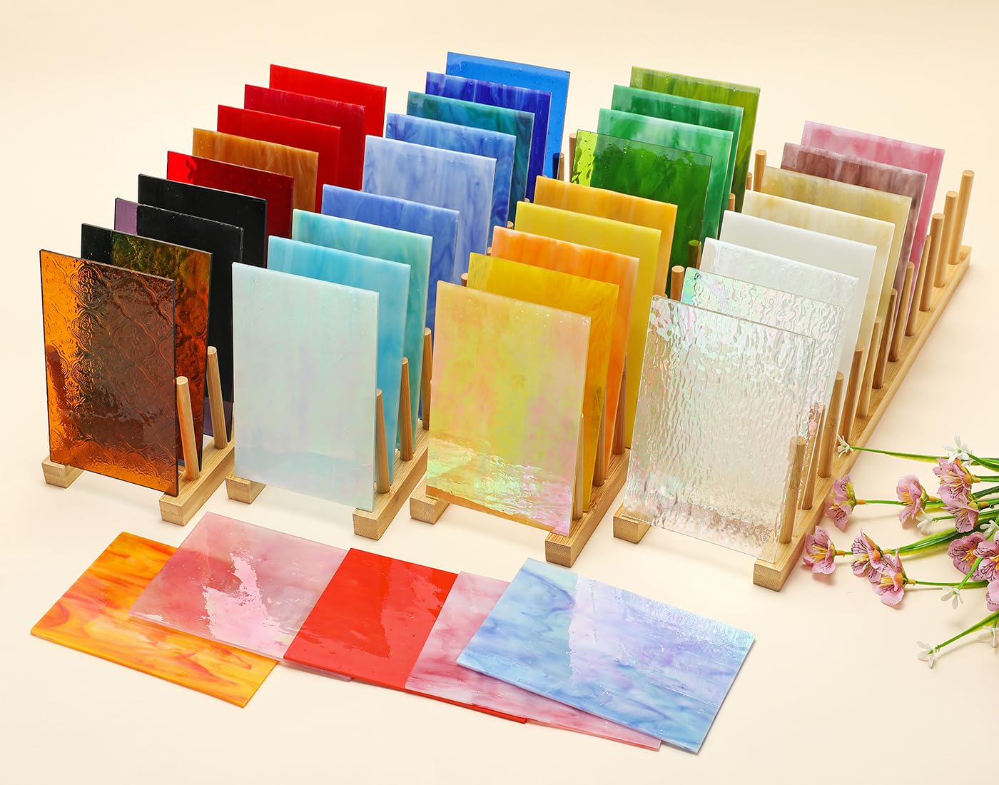 CHICSHIS 40pcs Stained Glass Sheets, 4x6 Inches Variety Vibrant Stained Glass Pack with Multi Colours and Textures, Crisp Art Mosaic Sheets with Iridescent, Opaque and Transparent for Mosaic Crafts