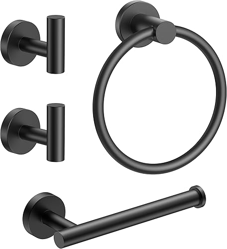 FORIOUS Juego de 4 accesorios de baño negros, soporte para papel higiénico de acero inoxidable SUS304 y soporte para toallas de mano, juego de
