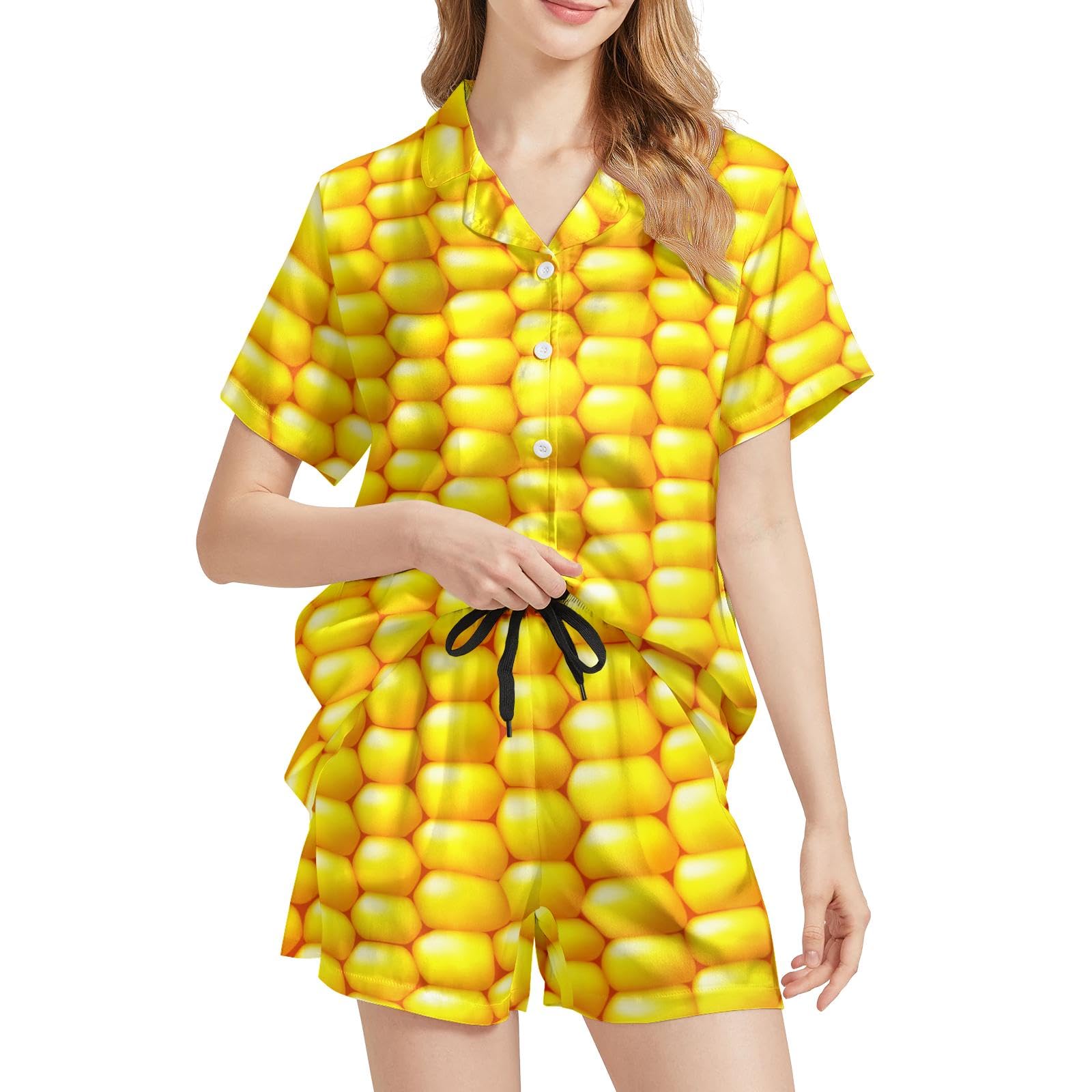 Funny Pajamas for Women Set Print Satin Loungewear Pjs Short Sleeve Button Down Top and Shorts Sets Sleepwear XS-3XL