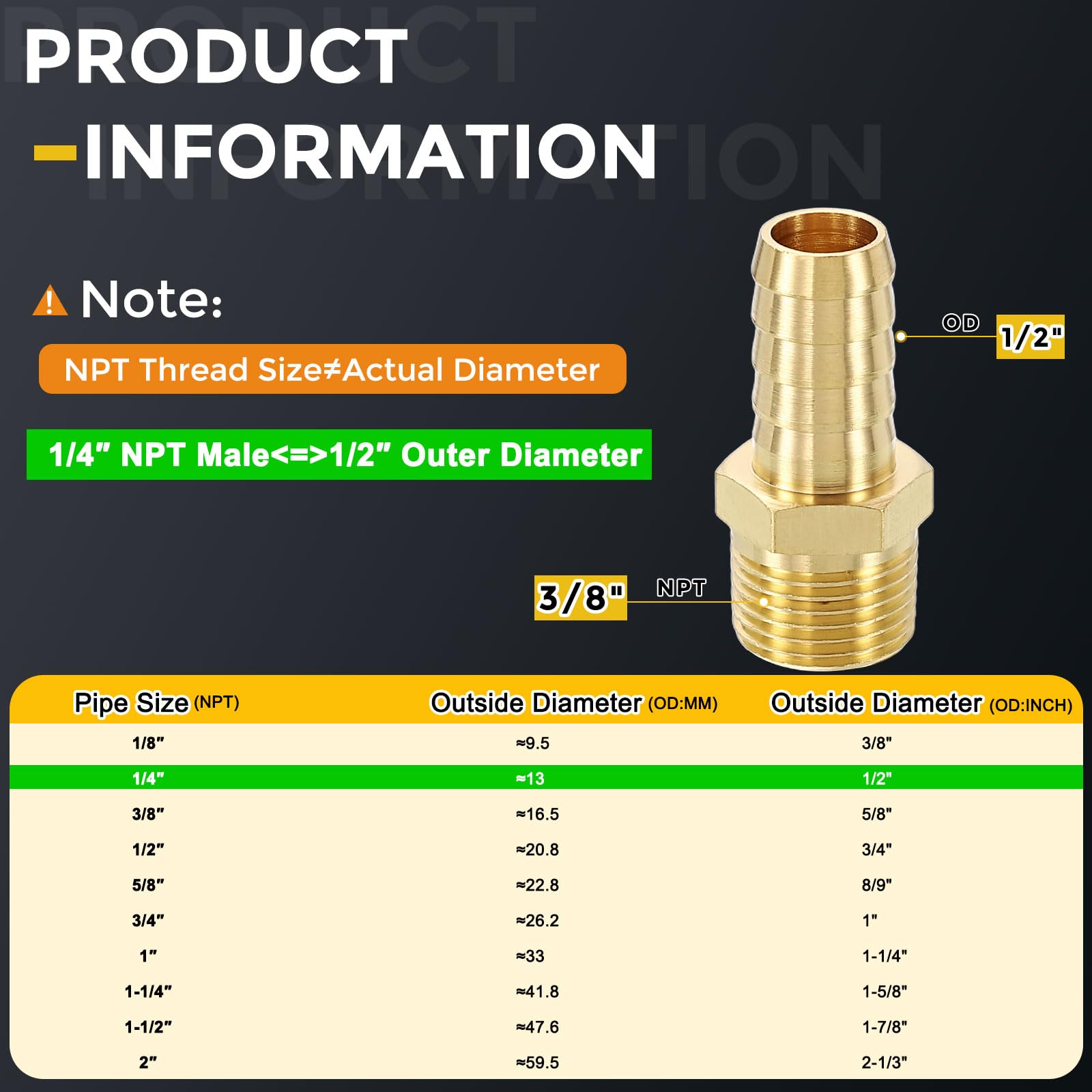 METALLIXITY 20Pcs Brass Hose Barb to NPT Male Adapter 1/2" Barb x 3/8" NPT Male for Automotive Motorcycle, Marine, Truck - Image 2