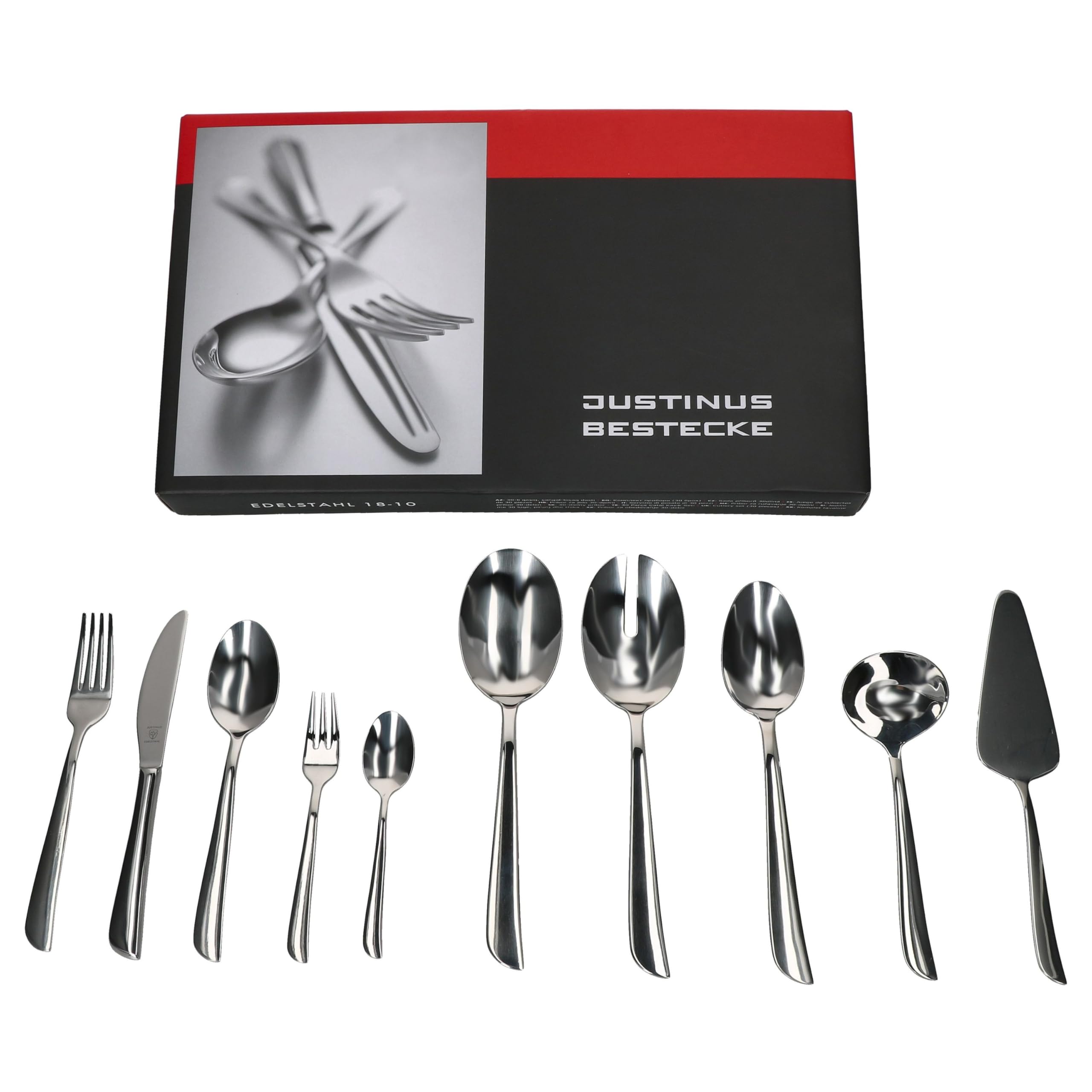 Justinus Twist 35tlg Komplett-Besteck-Set inkl Anlegeteile I für 6 Personen I mit geschwungenem Griff I 18/10 Edelstahl & Klingenstahl I Gabel, Messer & Löffel I für Gastro & Zuhause