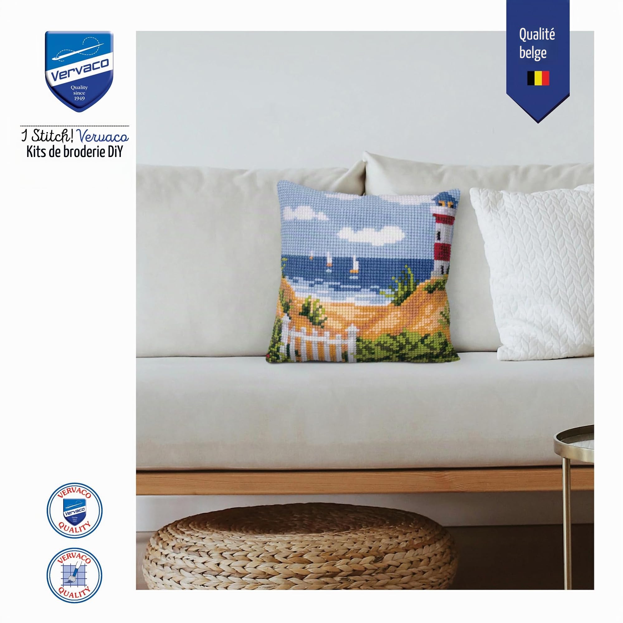 Vervaco Kit coussin au point de croix La plage au phare ,40 x 40 cm, Écru, Couleurs Variées