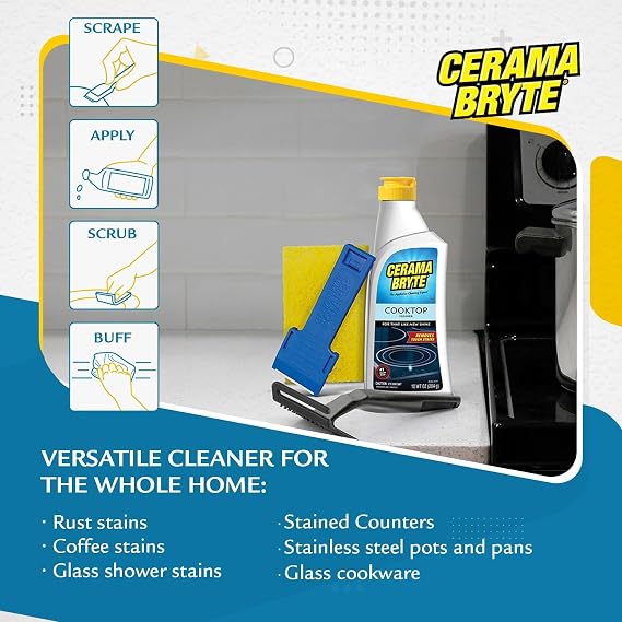 Cerama Bryte - Cooktop Cleaning Kit - Includes 10 oz. Bottle of Cerama Bryte Cooktop Cleaner, 2 Cleaning Pads, 1 POW-R Grip Pad Tool and 1 Scraper packed in Reusable Container