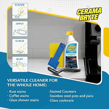 Cerama Bryte - Cooktop Cleaning Kit - Includes 10 oz. Bottle of Cerama Bryte Cooktop Cleaner, 2 Cleaning Pads, 1 POW-R Grip Pad Tool and 1 Scraper packed in Reusable Container