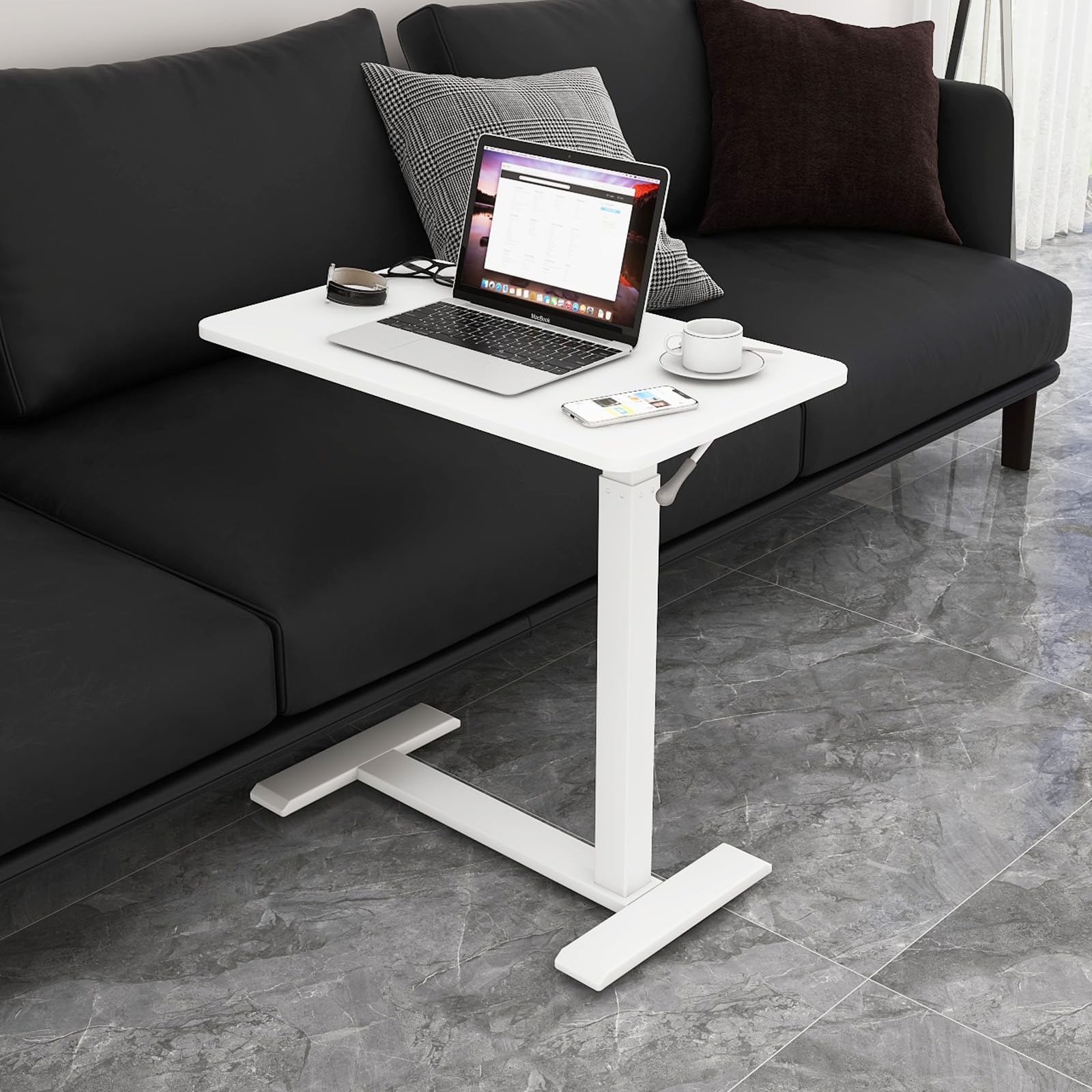 PUNCIA Tavolino da Divano con Ruote Bloccabili 68x40cm Scrivania per Computer Laptop Desk Medico Mobile Tavolo da Letto Porta Computer Regolabile in Altezza 66-100cm per Ufficio e Casa (Bianco)