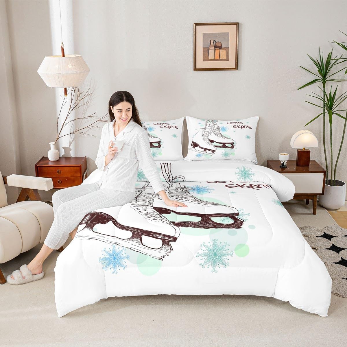 Homewish Ice Skating Comforter Set Girls Skater Skating Shoes Cartoon Bedding Set Twin Size Winter Snow Tie Dye White Quilt Set for Kids Boys Teens Room Decor Speed Sports Gaming Duvet Insert 2pcs