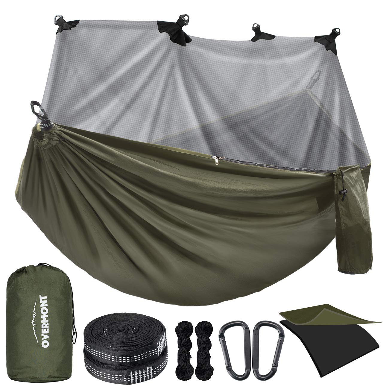 Overmont Hamak z moskitierą, dwuwarstwowy nylonowy spadochron, nośność 450 kg, certyfikat TÜV, 280 x 185 cm, na kemping, podróż, trekking, do ogrodu
