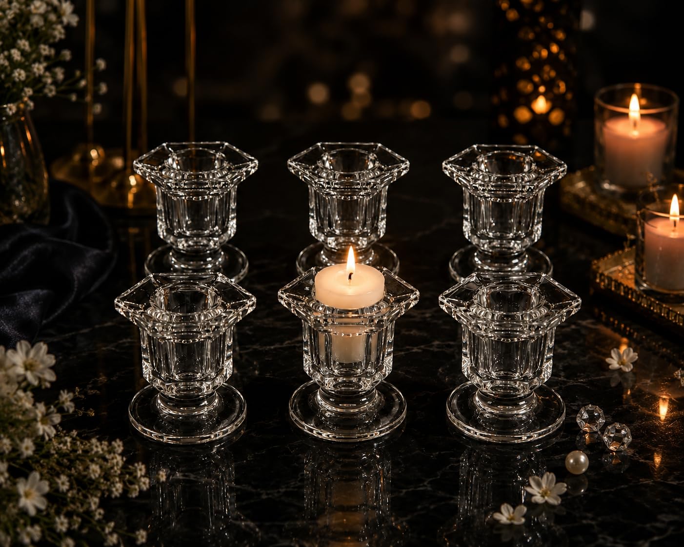 Crystal Clear Glass Candle Holder Set of 6, Decorative Tealight & Taper Candle Stand, Elegant Candlestick Holders for Wedding, Table,Home Décor, Dining & Party Decoration-image-8