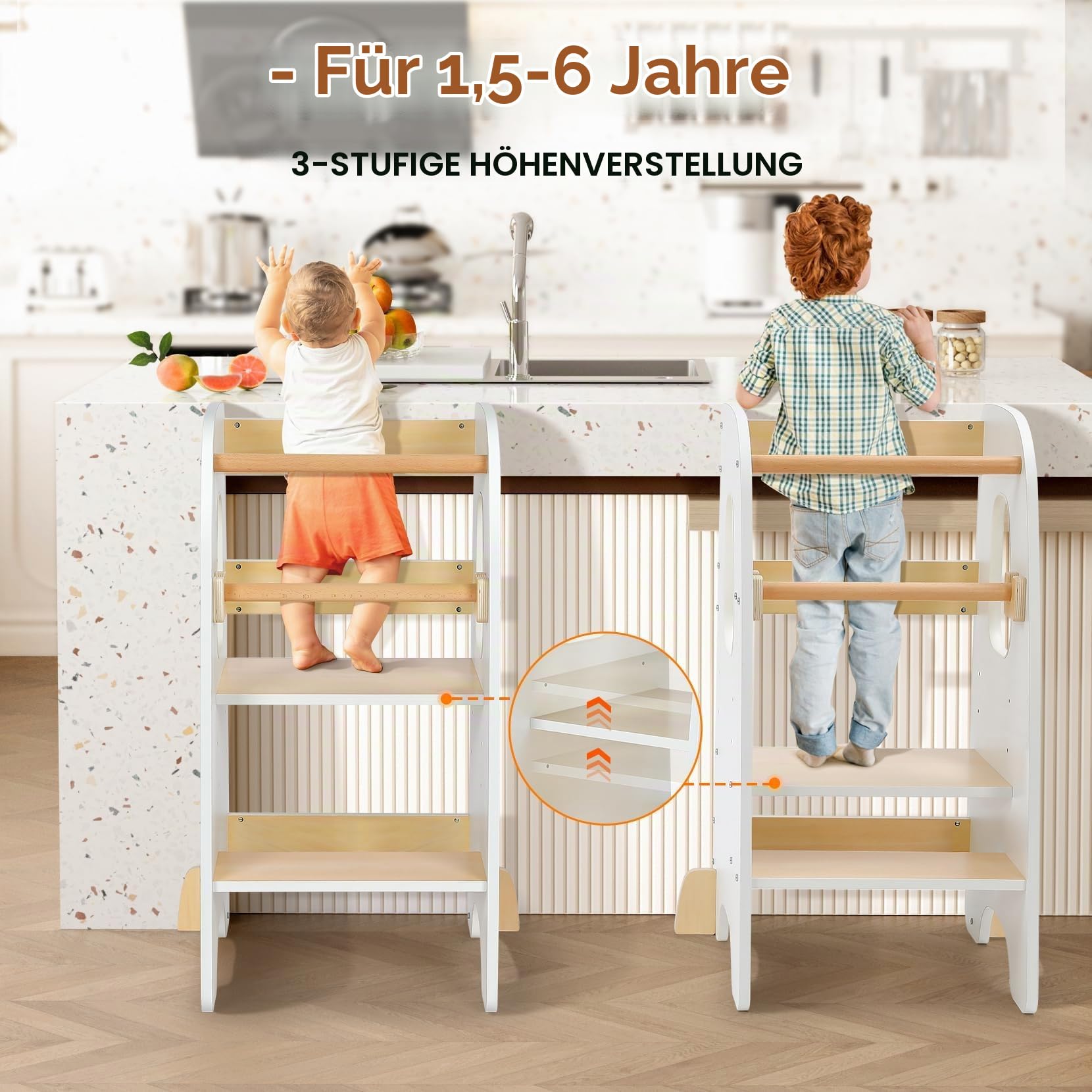 Ezebaby Lernturm ab 1 Jahr, Learning Tower, Höhenverstellbar Montessori Lernturm mit Kippschutz, Abnehmbare Sicherheitsgeländer, Massiv und Stylisch (Weiß)